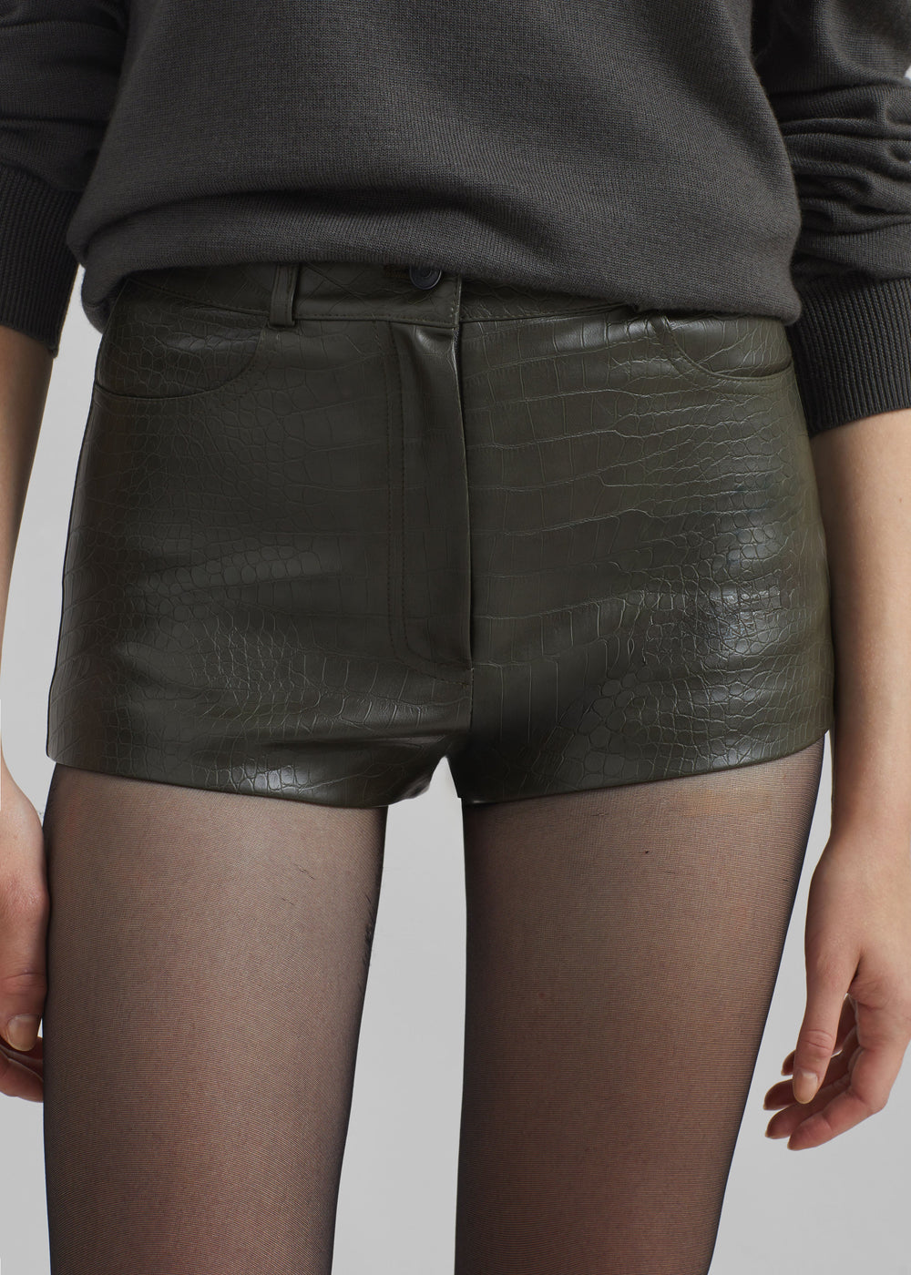 Loen Faux Leather Croc Hot Pants - Dark Olive - 1