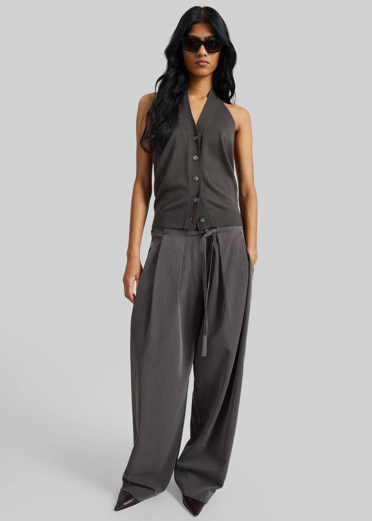 Loire Curved Pants - Charcoal Pinstripe - 1