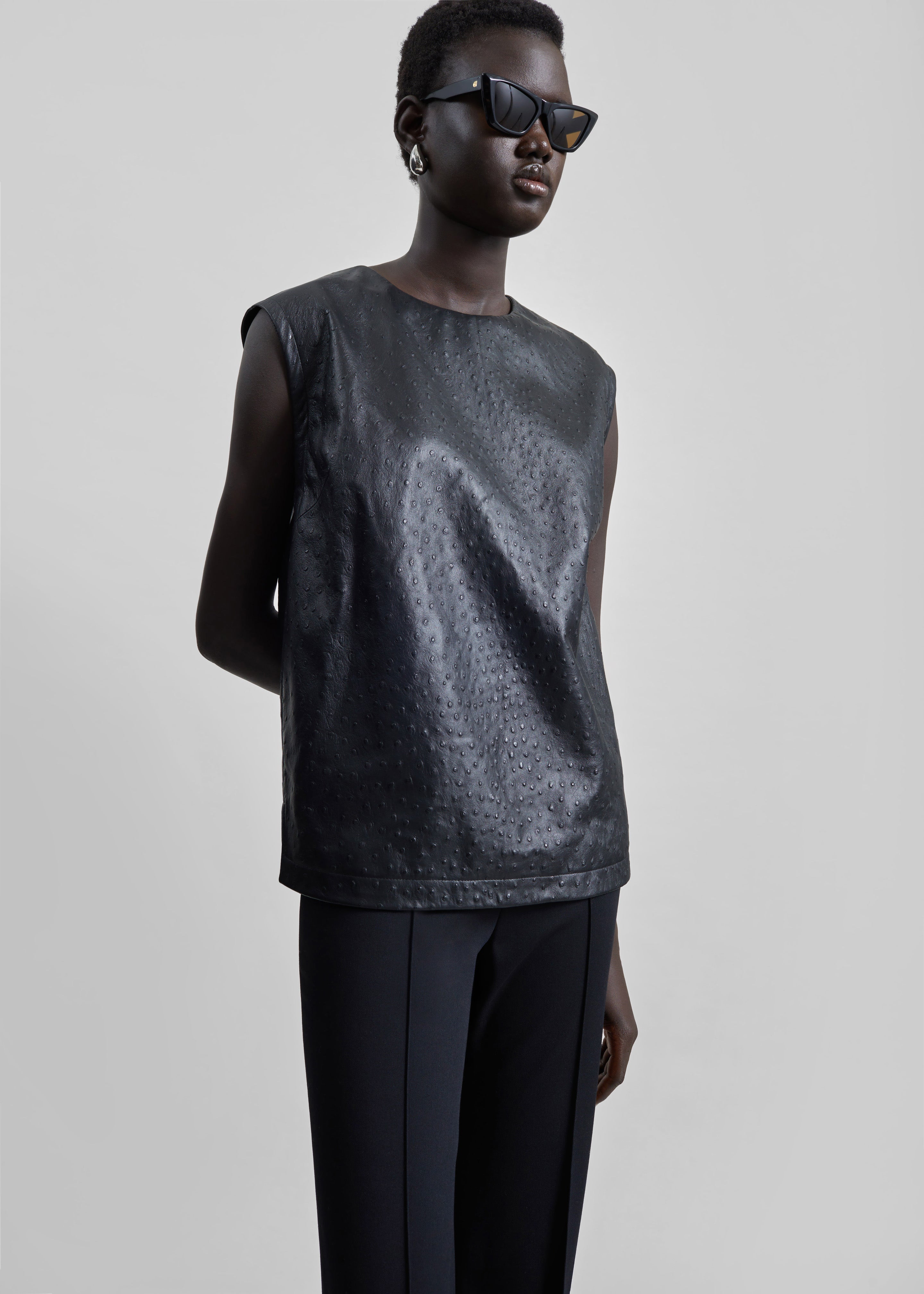 Loulou De Saison Fiza Ostrich-Effect Leather Top - Black - 4