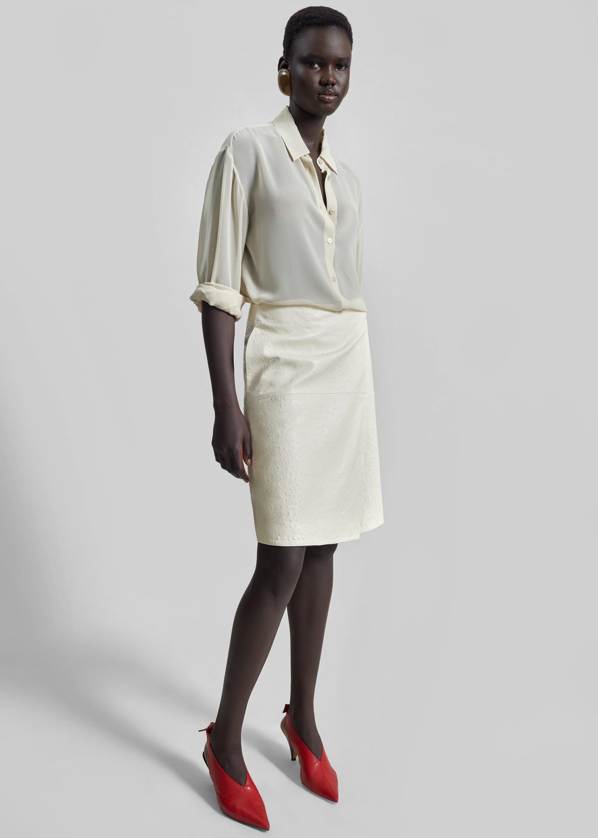 Loulou De Saison Gora Ostrich-Effect Leather Wrap Skirt  - Ivory - 5