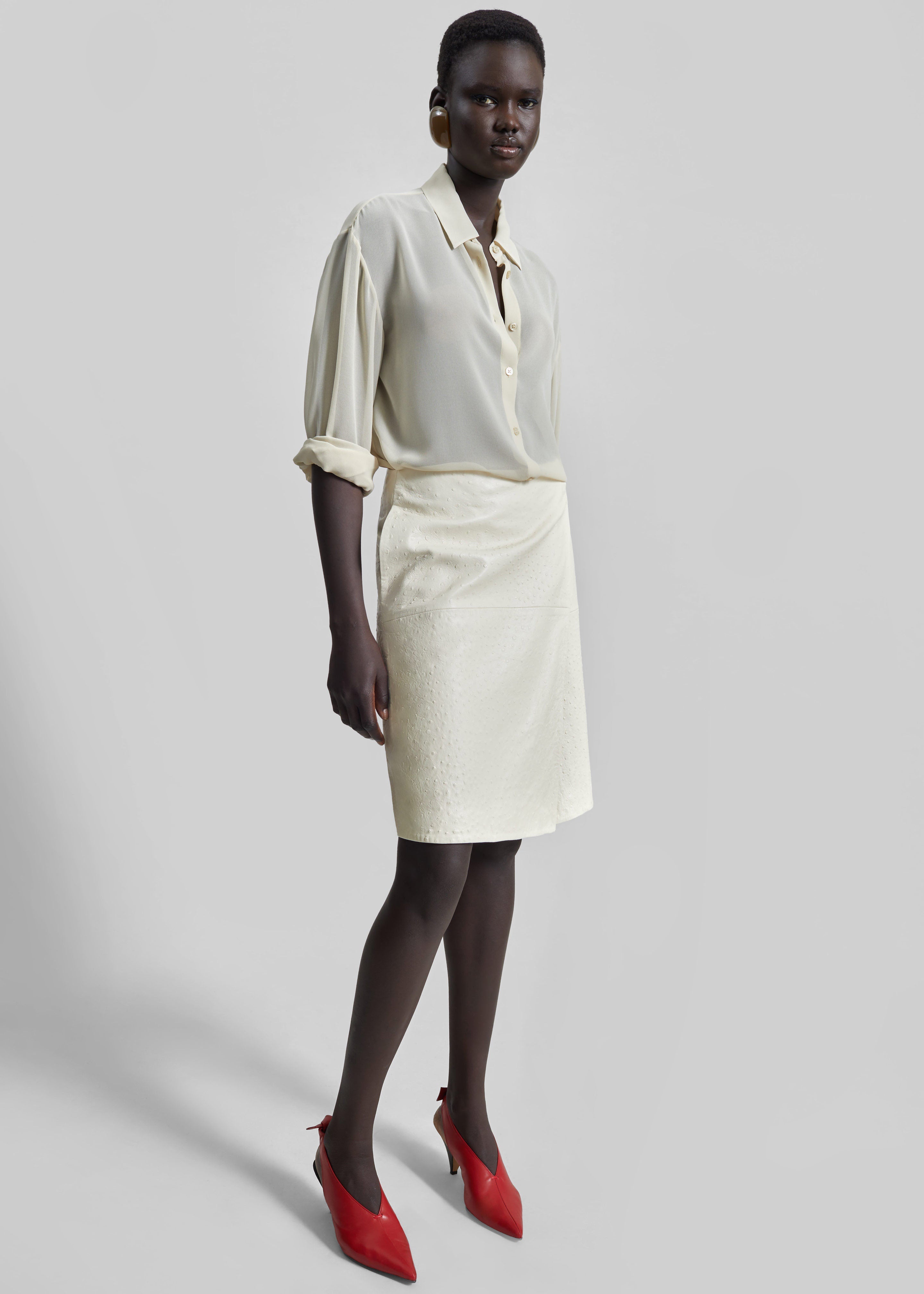 Loulou De Saison Gora Ostrich-Effect Leather Wrap Skirt  - Ivory - 5