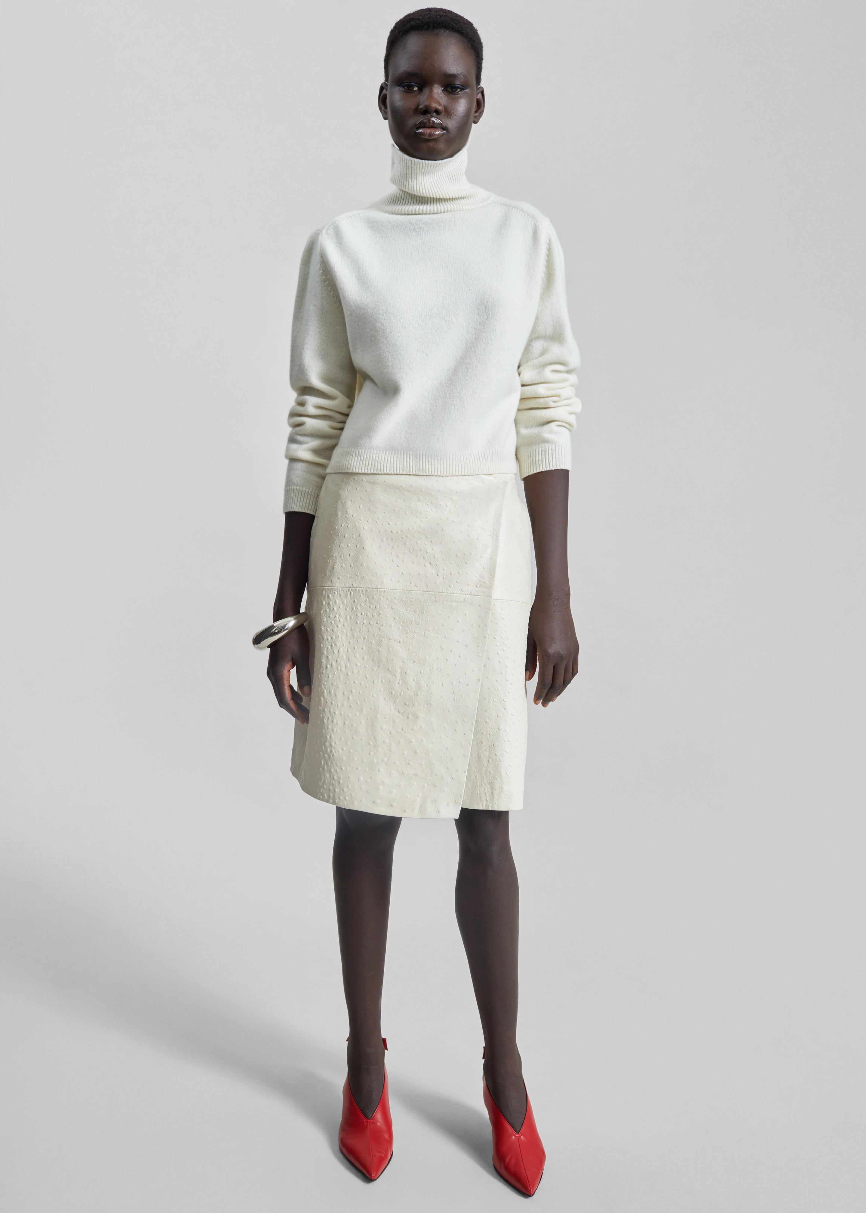Loulou De Saison Gora Ostrich-Effect Leather Wrap Skirt  - Ivory - 4