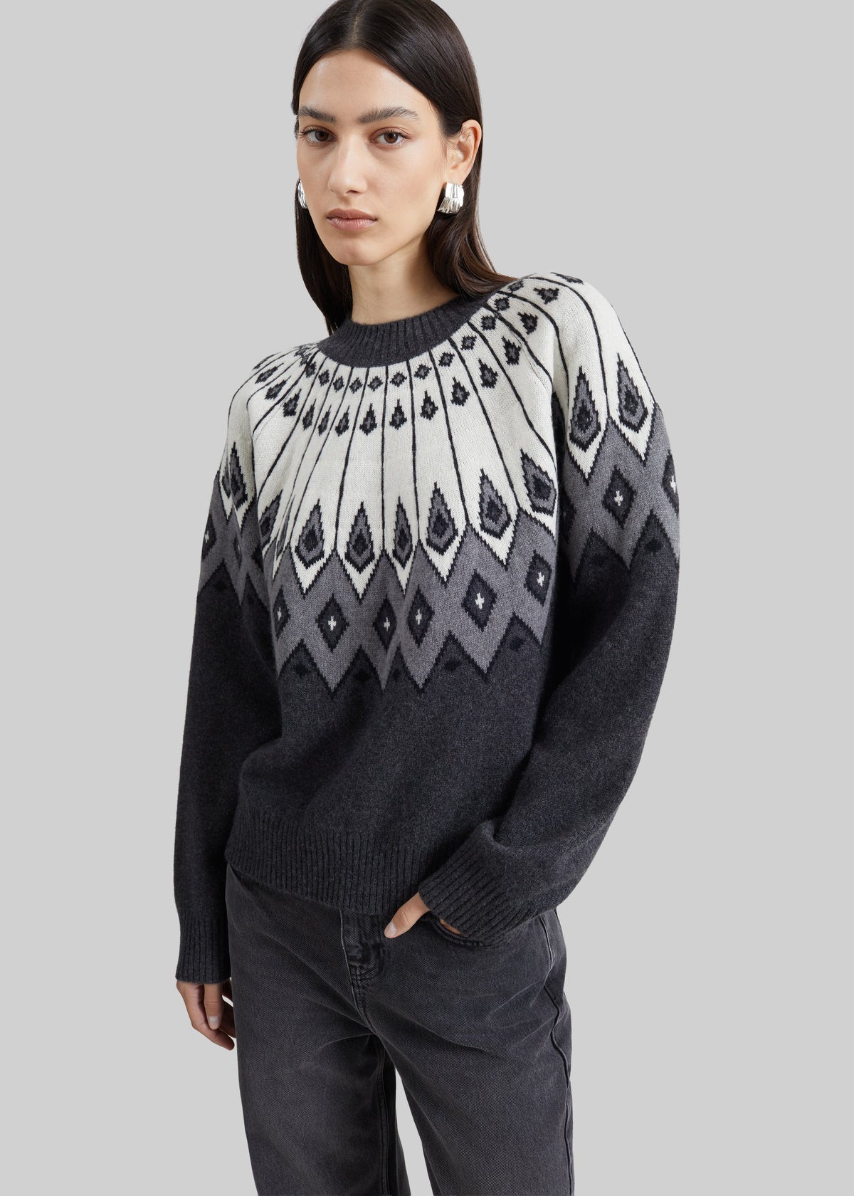 Loulou de Saison Hans Raglan Crewneck Sweater - Grey/Ivory/Black