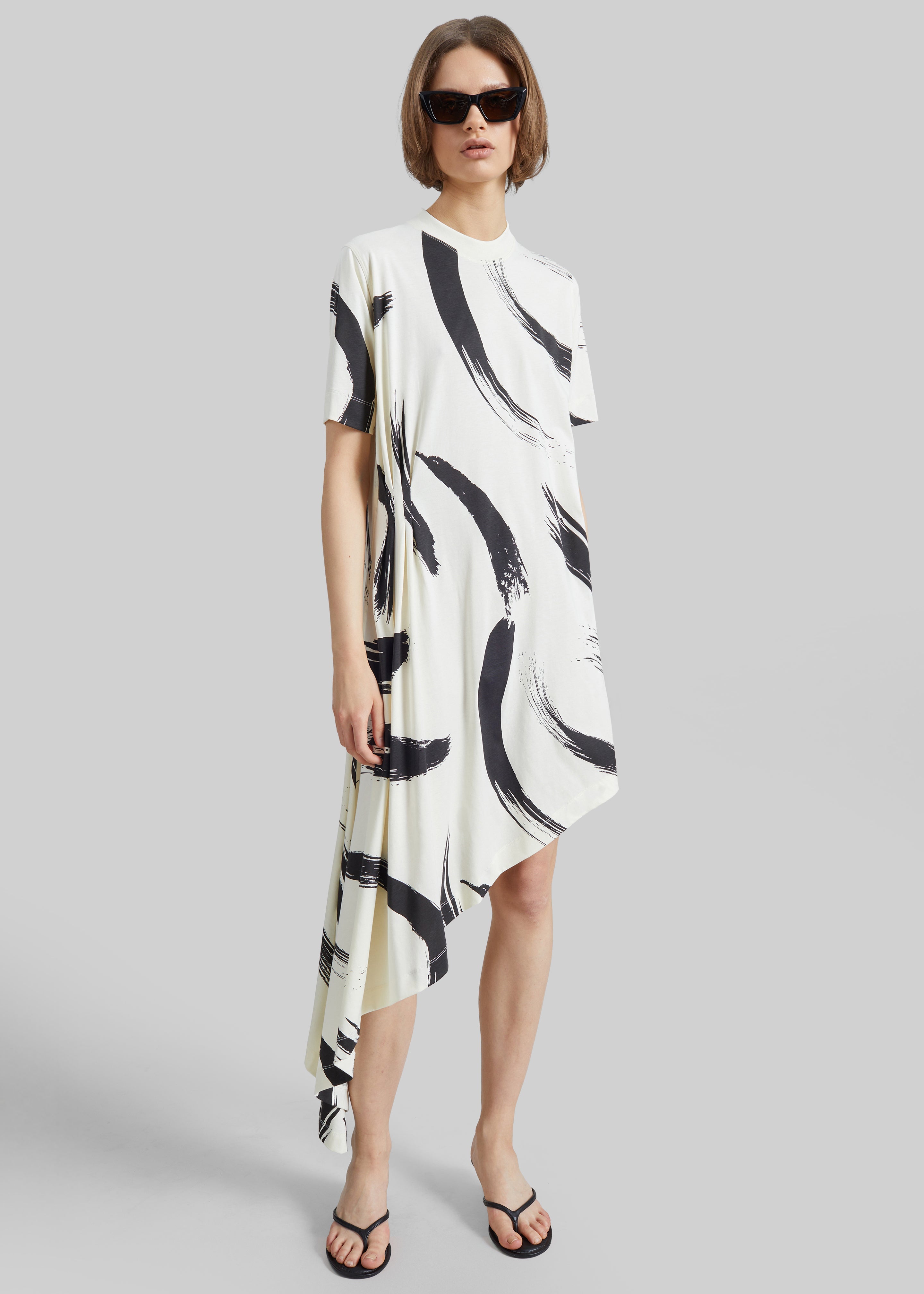 Loulou De Saison Liya Asymmetrical Cotton Dress - Ivory/Black - 4