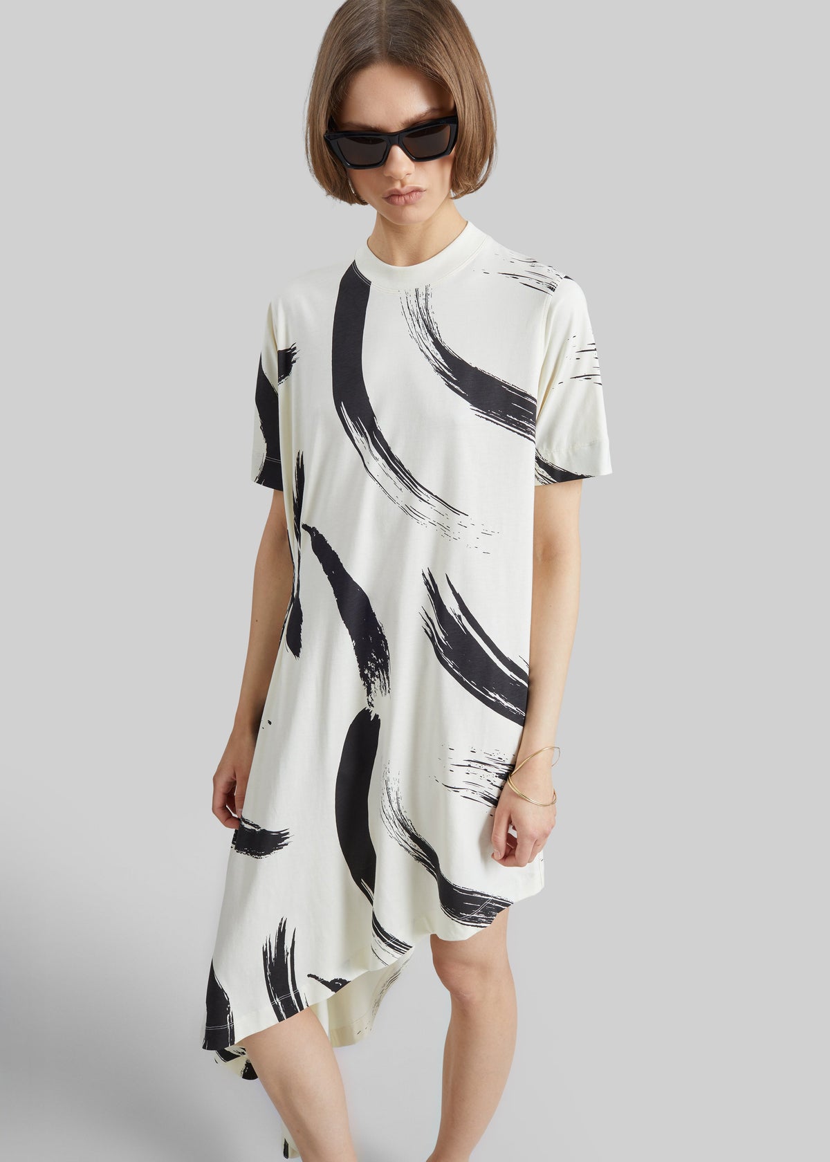 Loulou De Saison Liya Asymmetrical Cotton Dress - Ivory/Black - 2