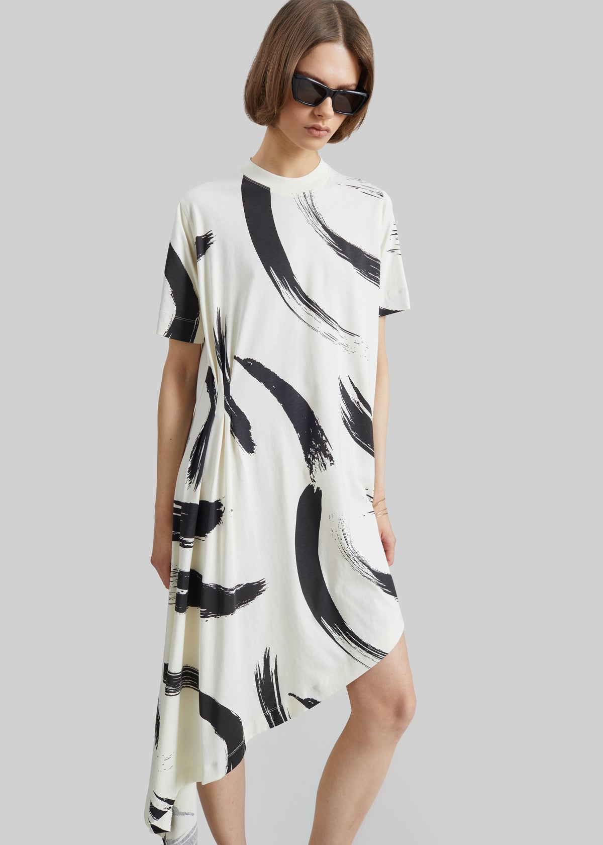 Loulou De Saison Liya Asymmetrical Cotton Dress - Ivory/Black - 5