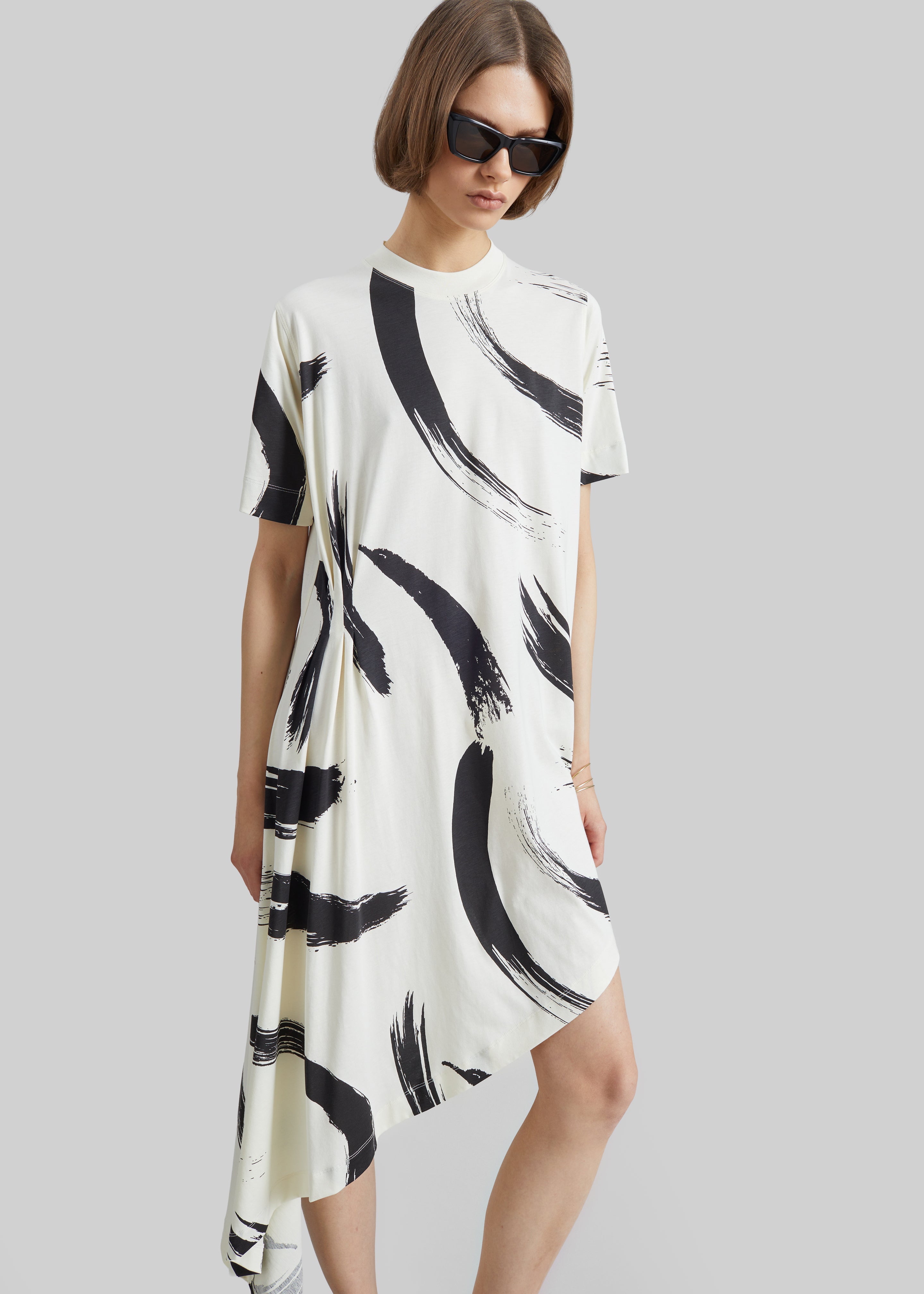 Loulou De Saison Liya Asymmetrical Cotton Dress - Ivory/Black - 5
