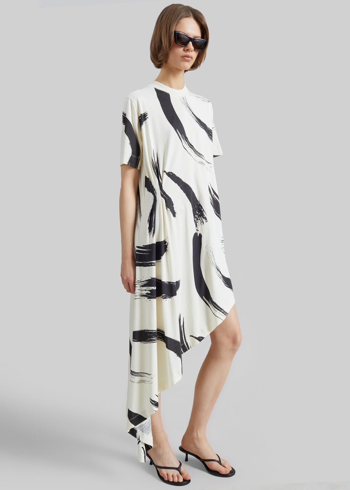 Loulou De Saison Liya Asymmetrical Cotton Dress - Ivory/Black - 1