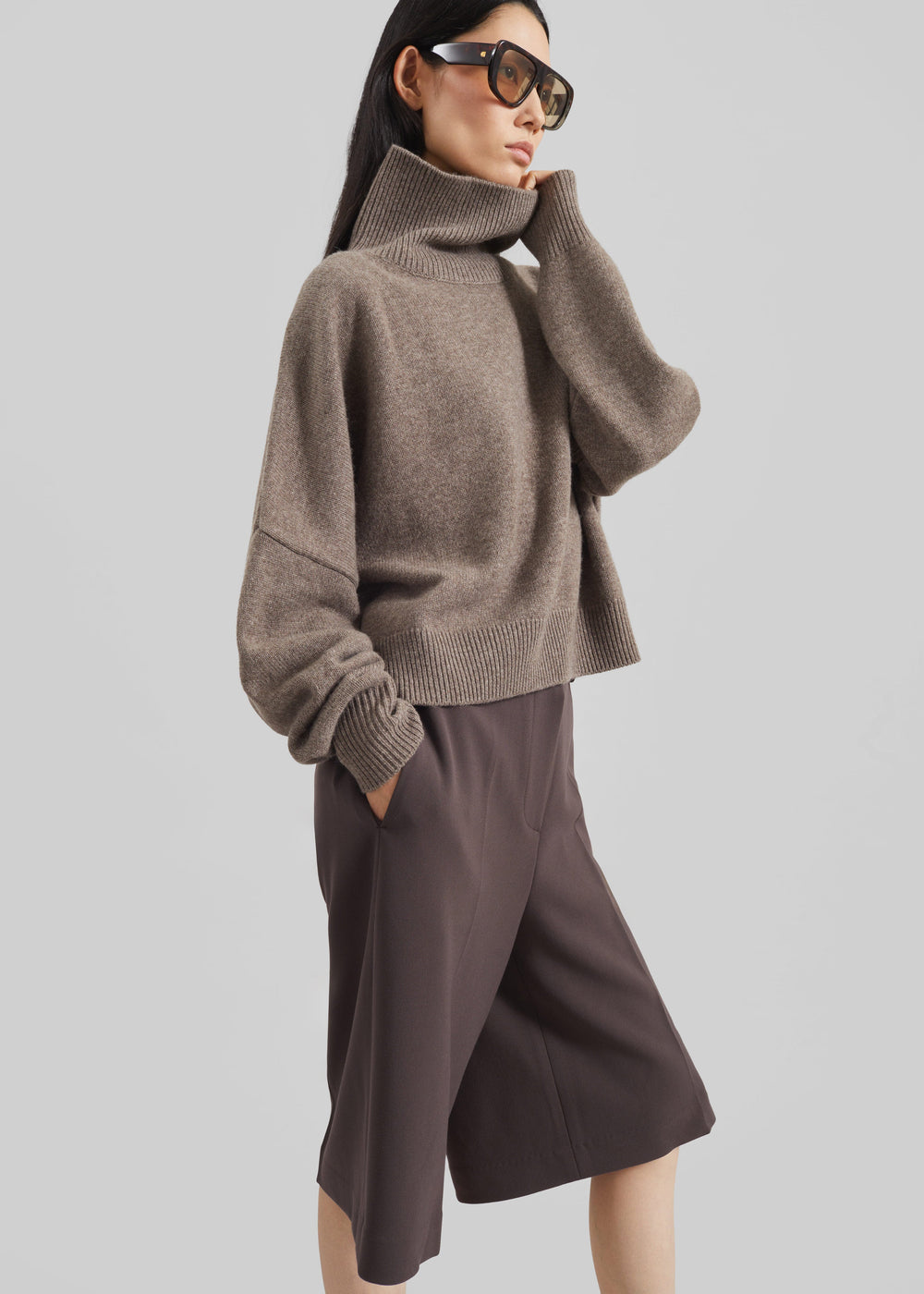Loulou de Saison Luke Stand Collar Wool Sweater - Taupe Melange - 1