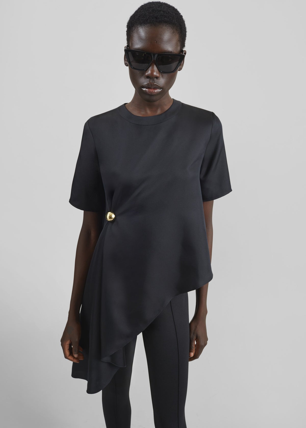 Loulou de Saison Madea Asymmetric Silk Twill Top - Black - 1