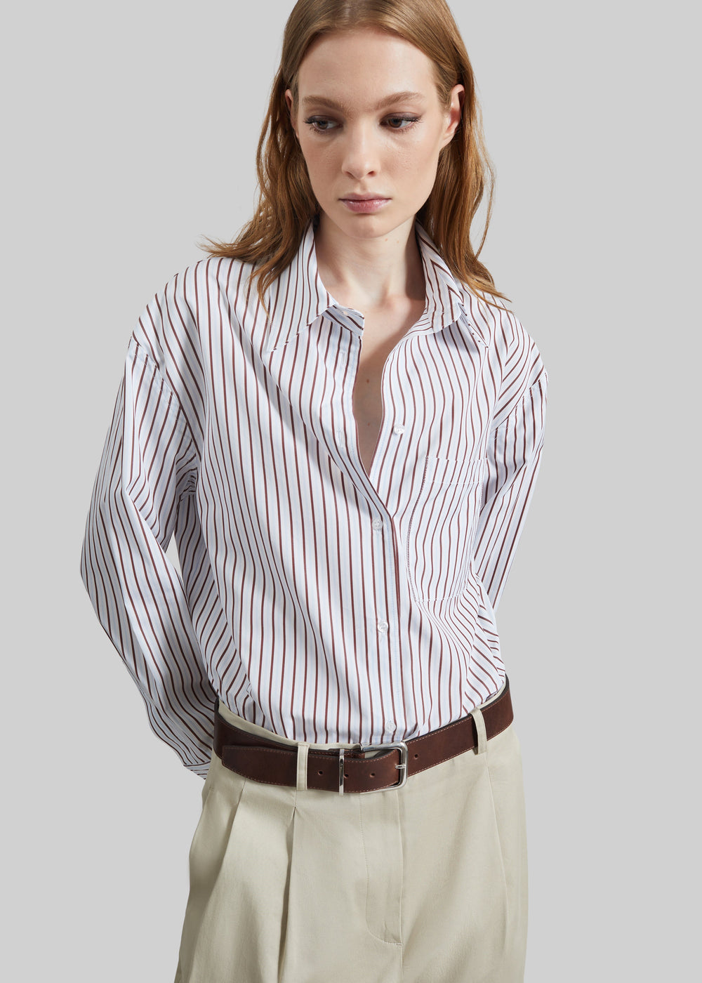 Loulou de Saison Maud Oversized Cotton Poplin Shirt - Dark Red/Light Blue