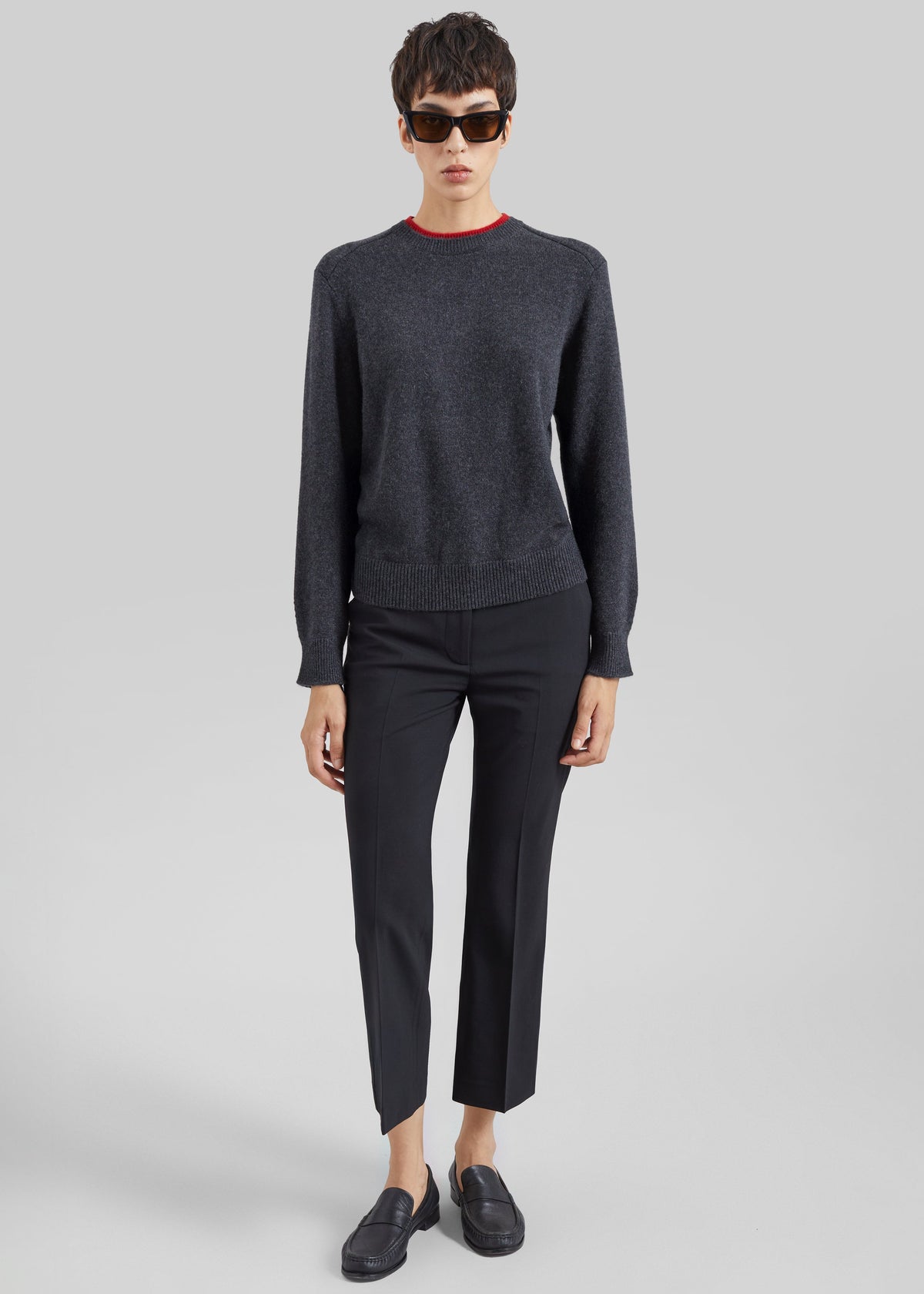 Loulou de Saison Otis Contrast Collar Sweater - Charcoal/Red - 5