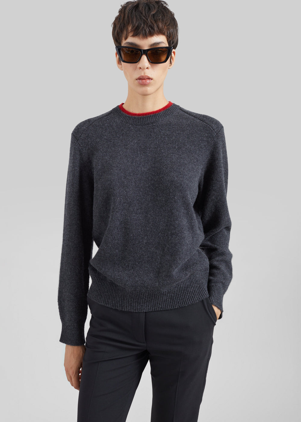 Loulou de Saison Otis Contrast Collar Sweater - Charcoal/Red - 1