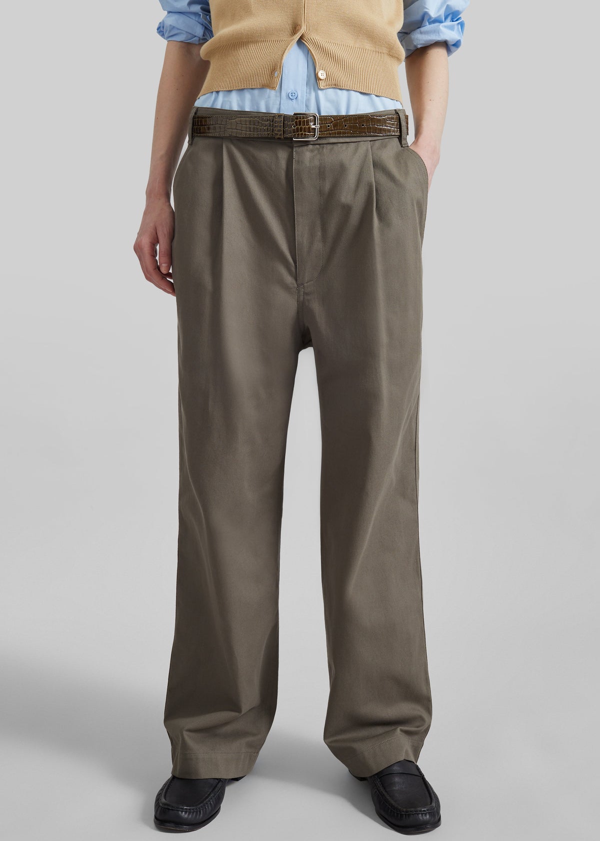 Low Classic Drawstring Washed Cotton Pants - Khaki - 3