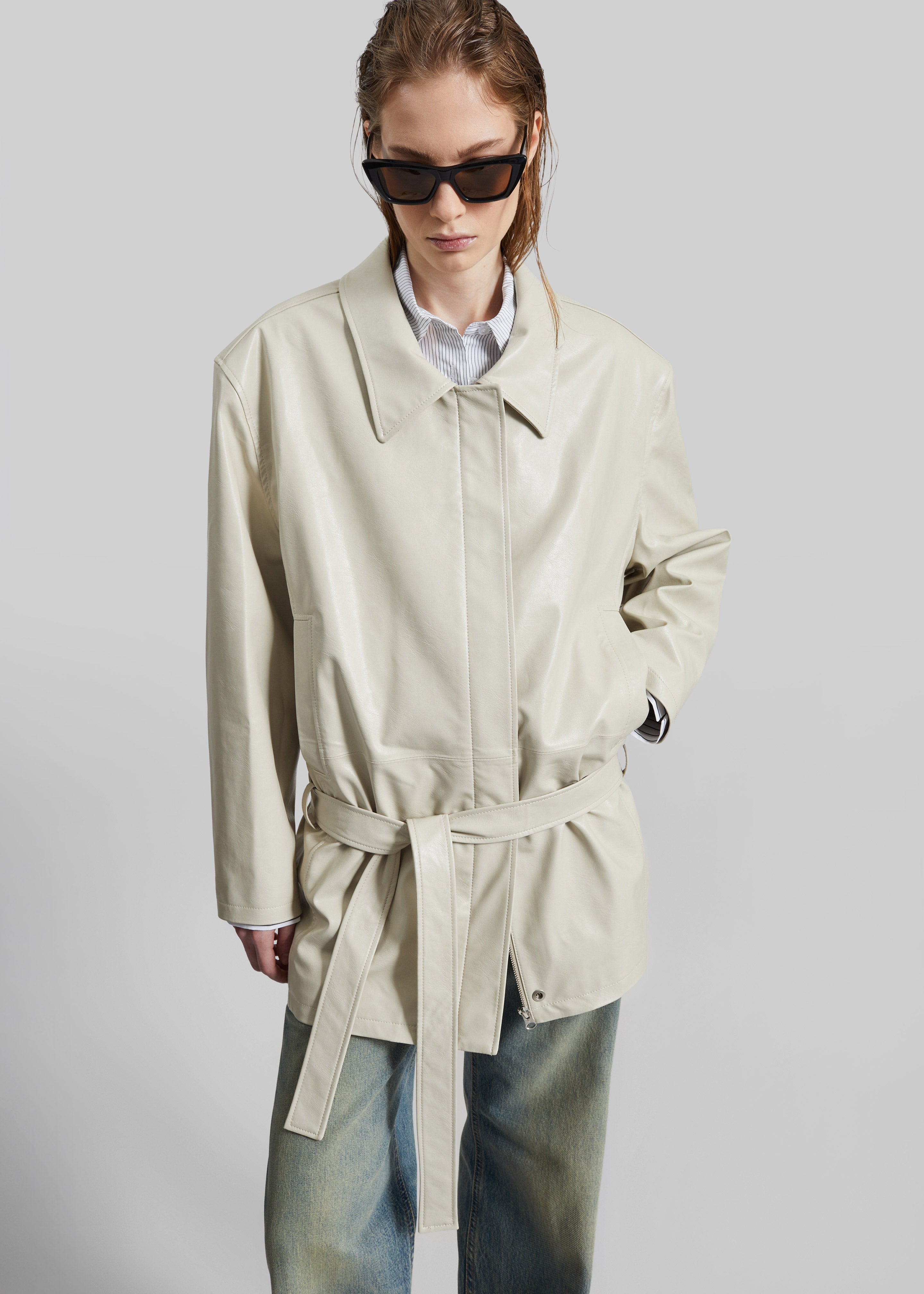 Low Classic Low Waist Artificial Leather Jacket - Beige - 4