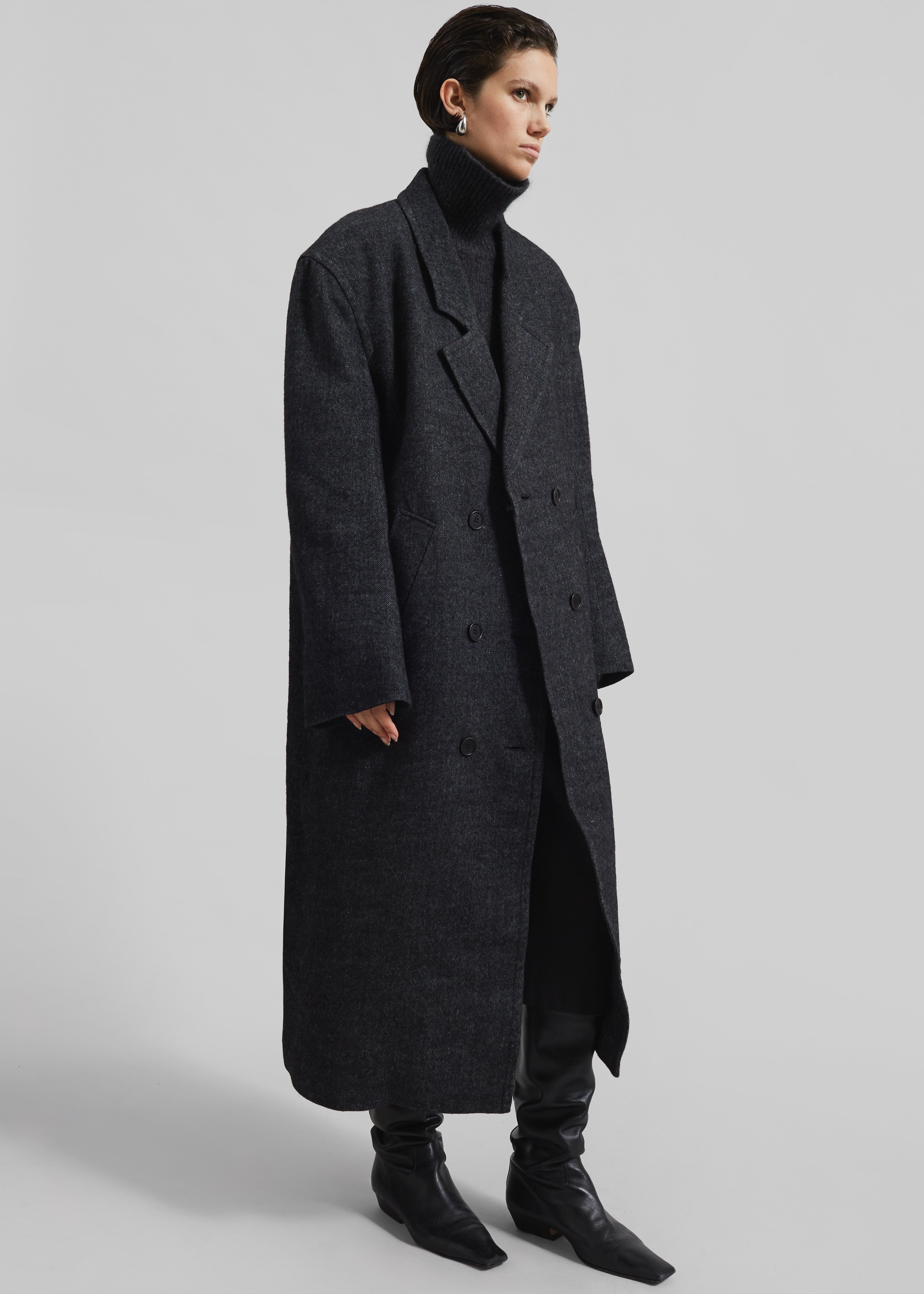 Low Classic Melange Wool Oversized Coat - Black - 3