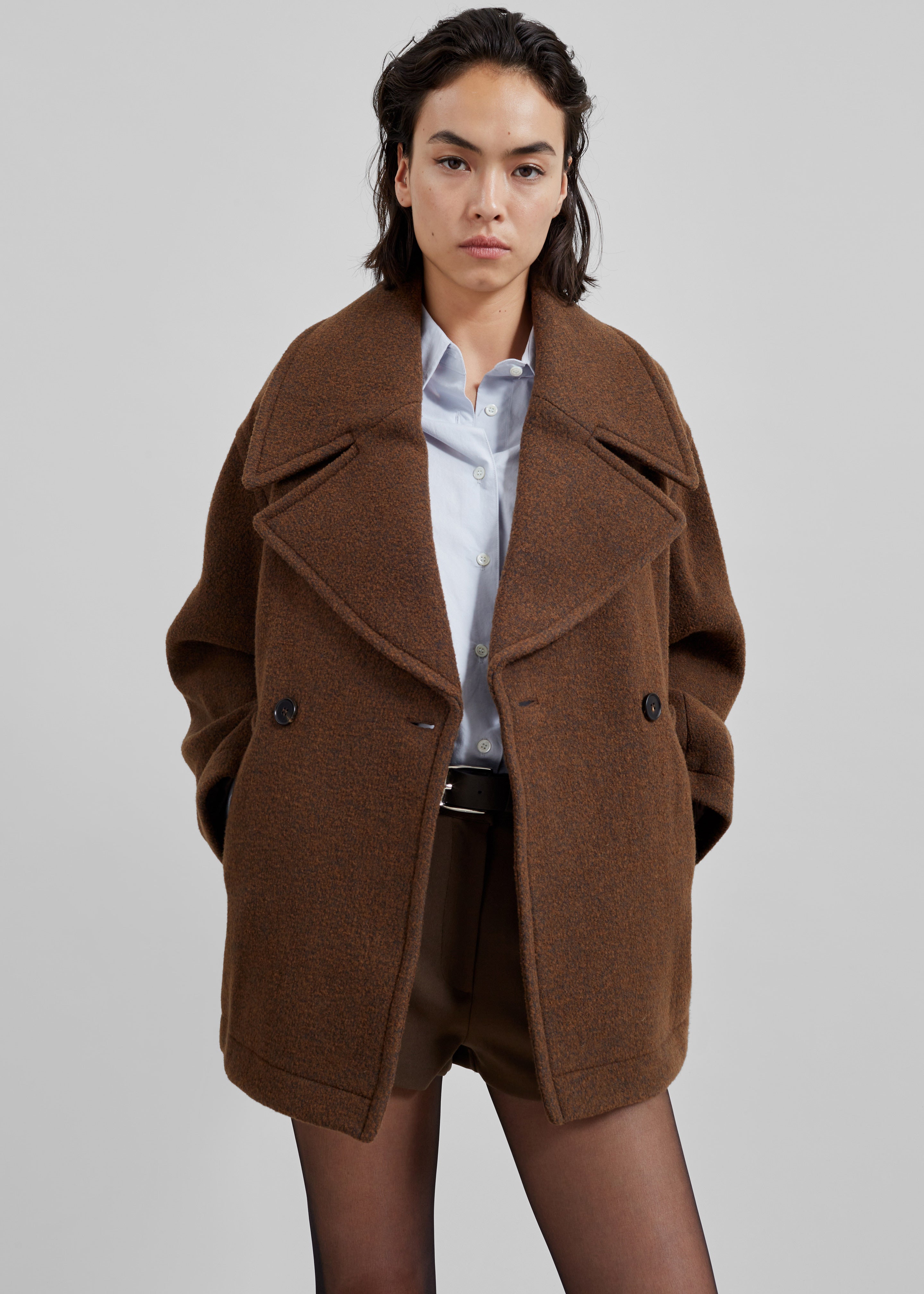 Low Classic Wool Wide Collar Coat - Brown - 3