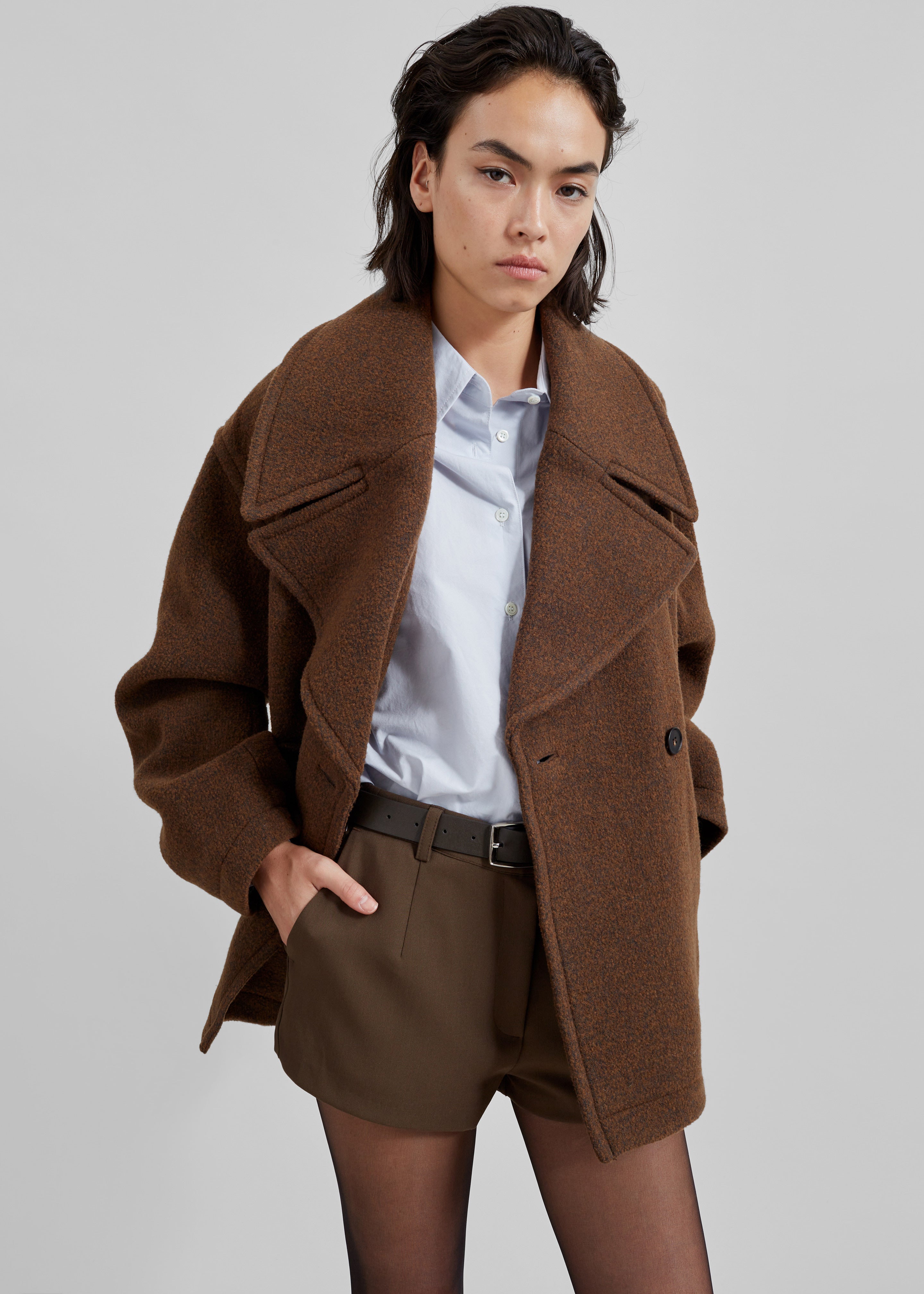 Low Classic Wool Wide Collar Coat - Brown - 6