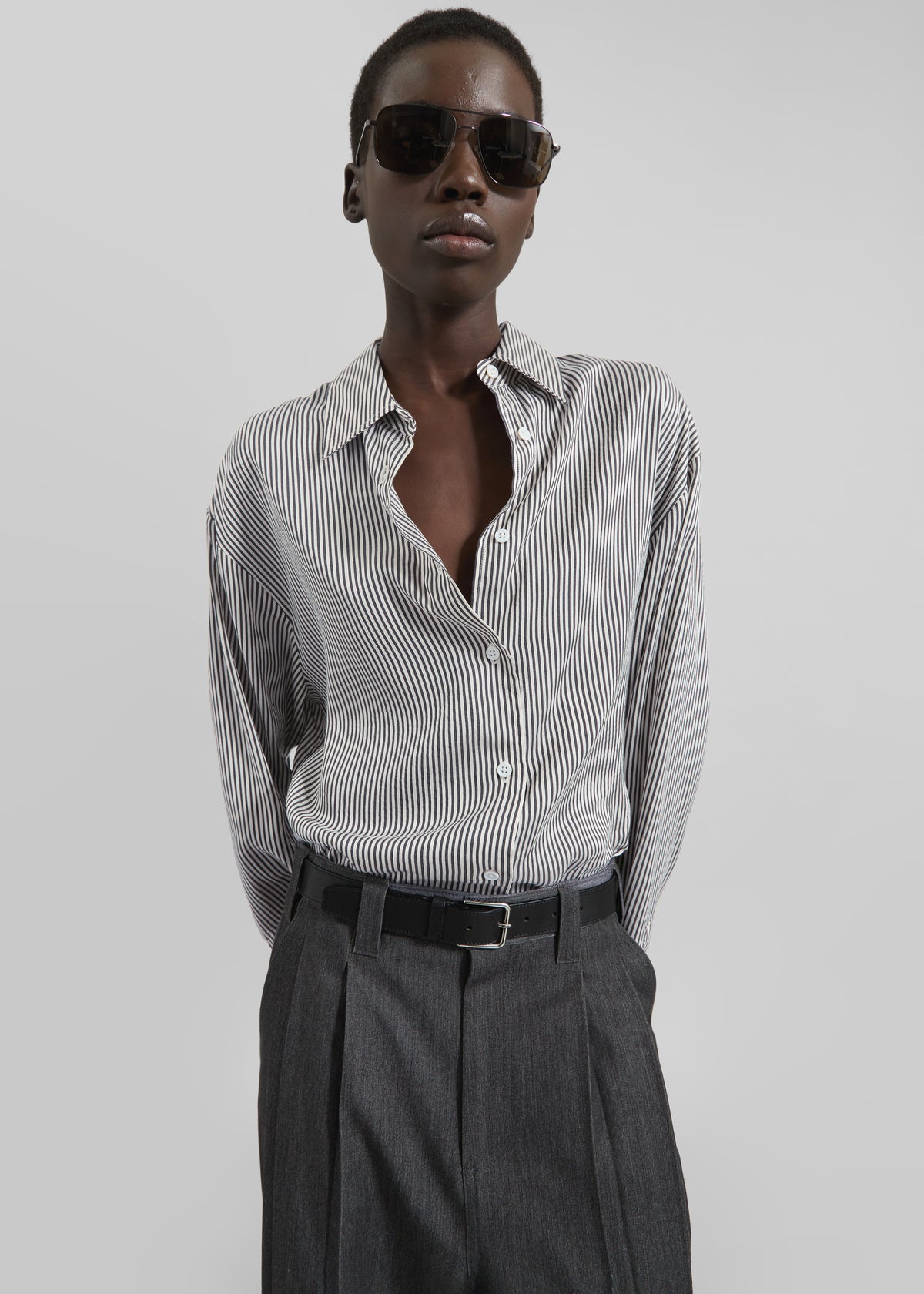 Lui Striped Silk Shirt - Black/White Stripe - 1