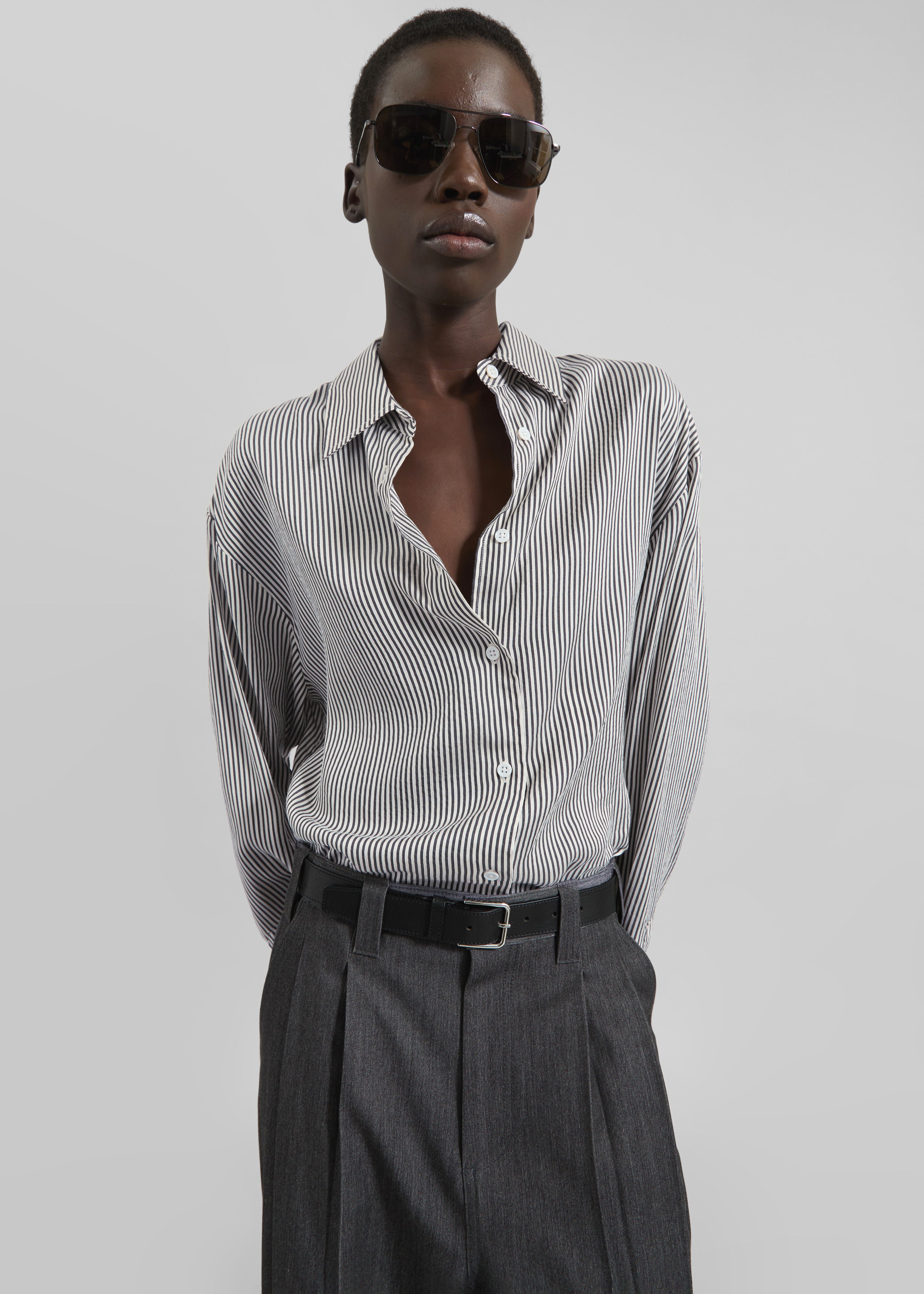 Lui Striped Silk Shirt - Black/White Stripe - 1