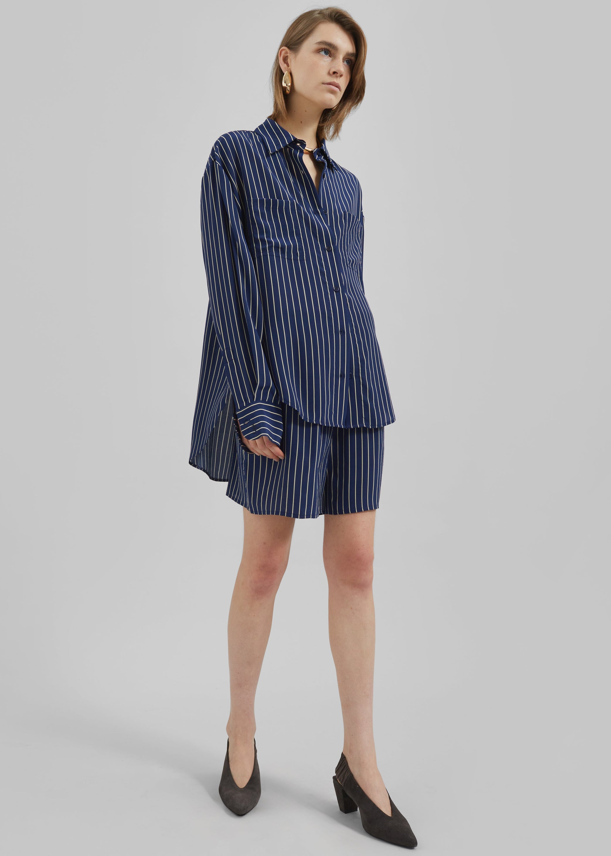 Shop the look image for Lui Striped Shirt - Navy/Beige Pinstripe