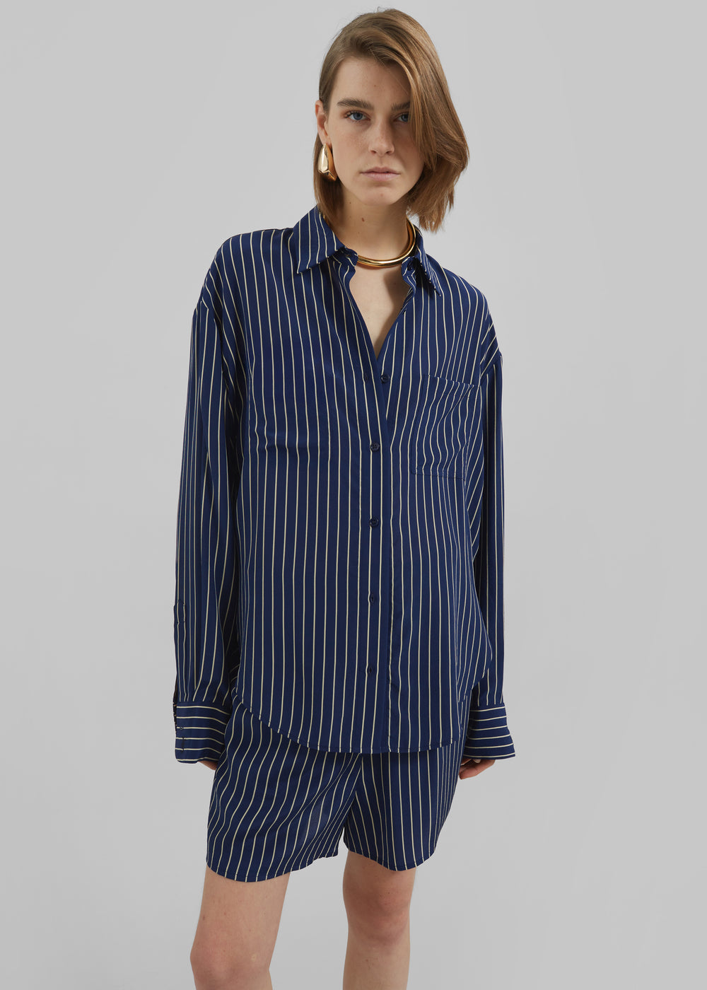 Lui Striped Shirt - Navy/Beige Pinstripe