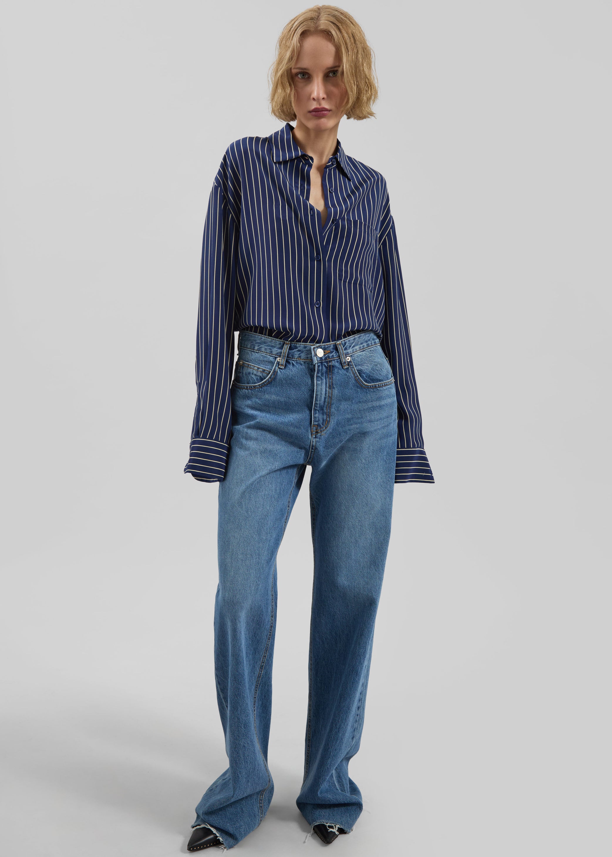 Shop the look image for Lui Striped Shirt - Navy/Beige Pinstripe