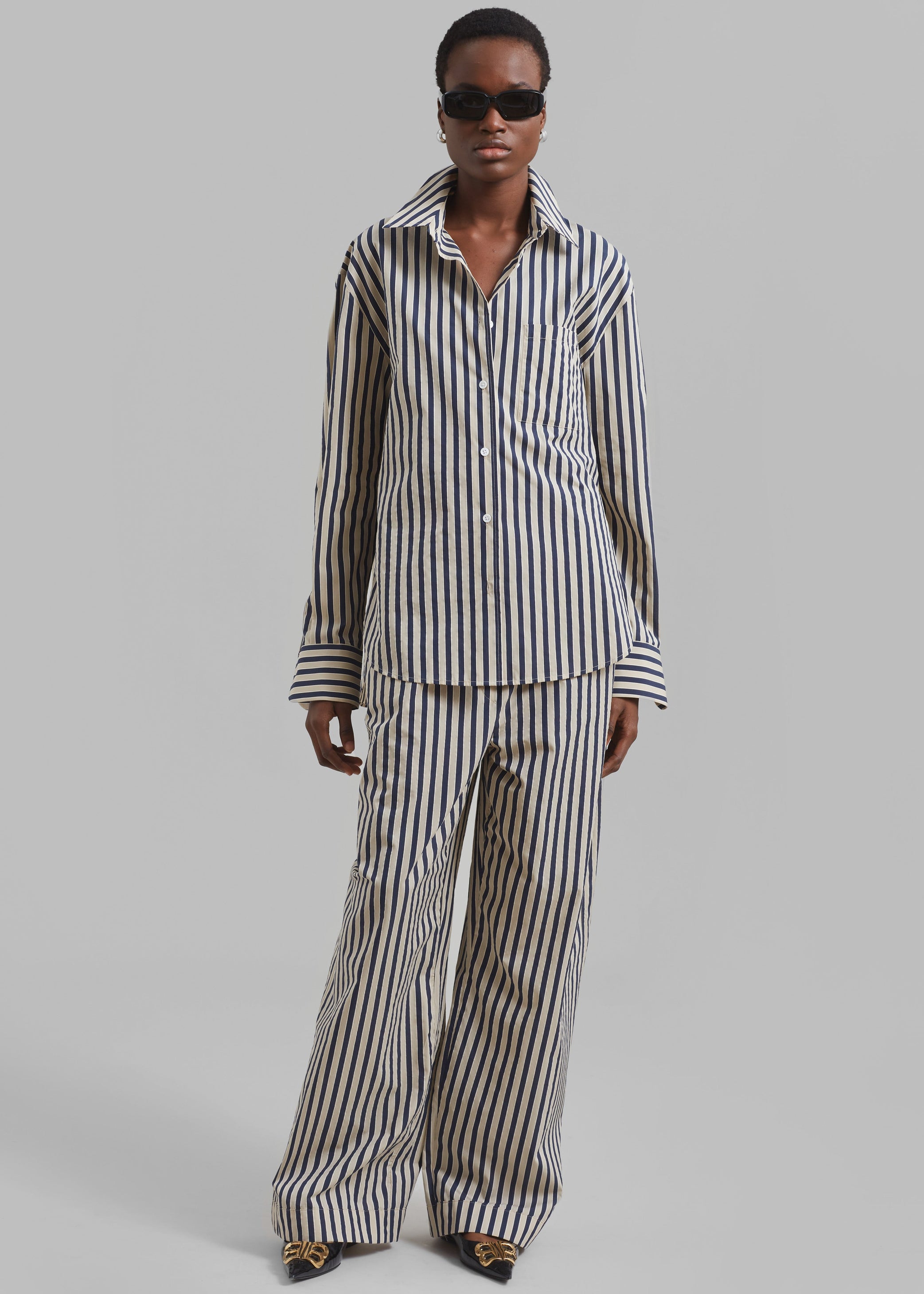 Shop the look image for Lui Textured Shirt - Beige/Navy Multi Stripe