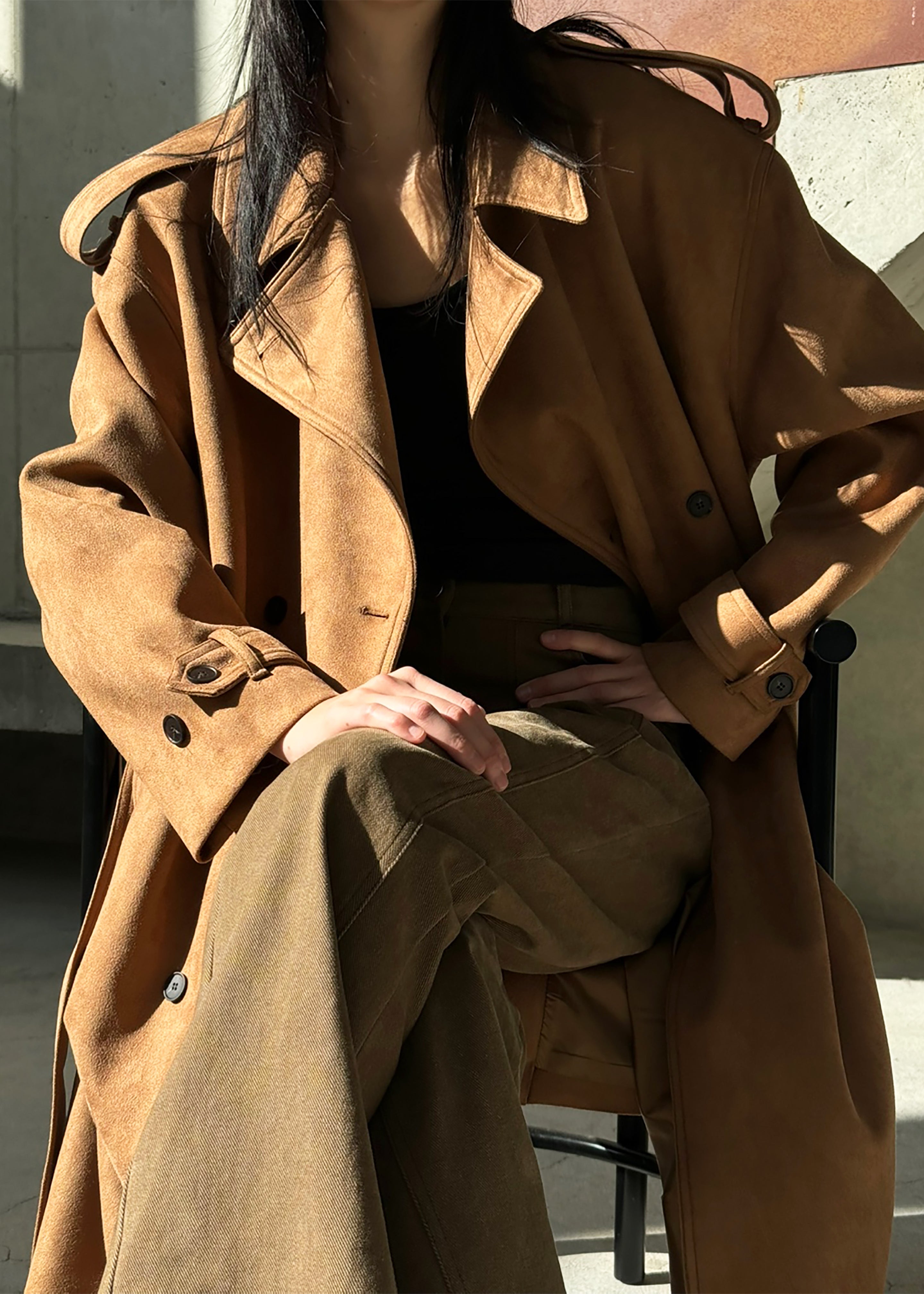 Lulea Faux Suede Trench Coat - Camel - 4