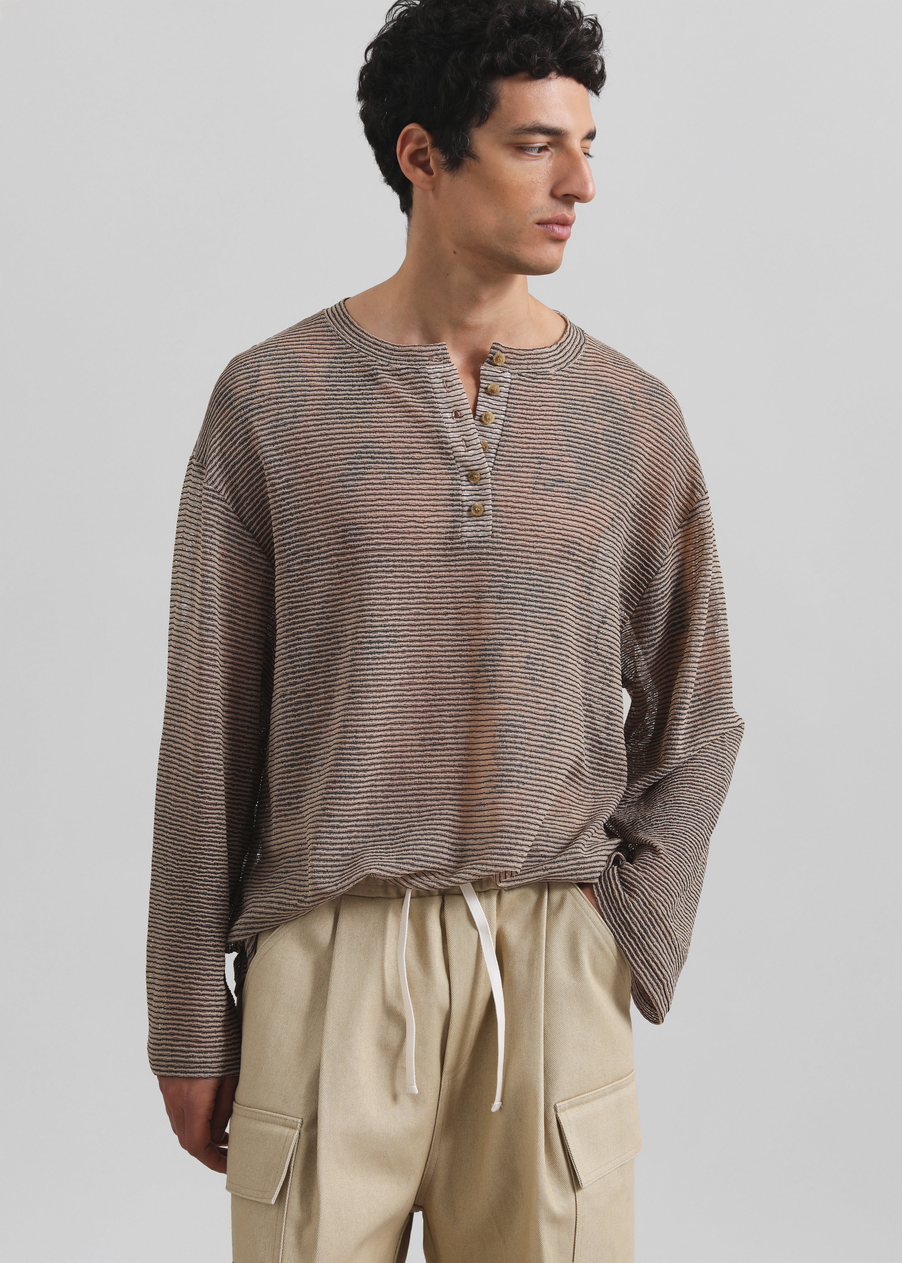Luray Henley T-Shirt - Beige/Black Stripe - 1
