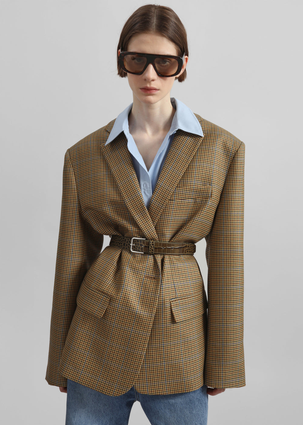 Lyra Oversized Houndstooth Blazer - Camel