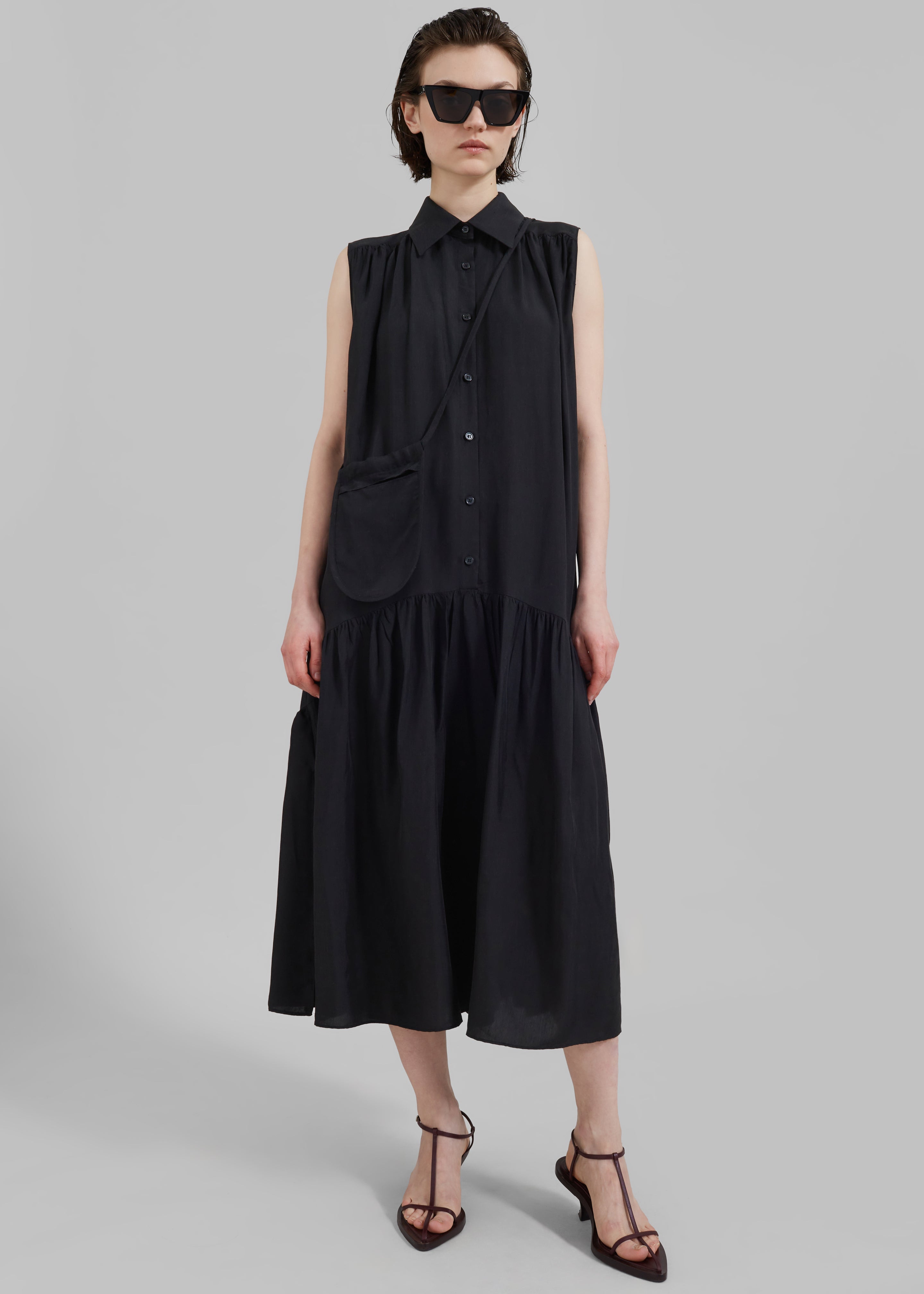 Maela Button Up Midi Dress - Black - 4