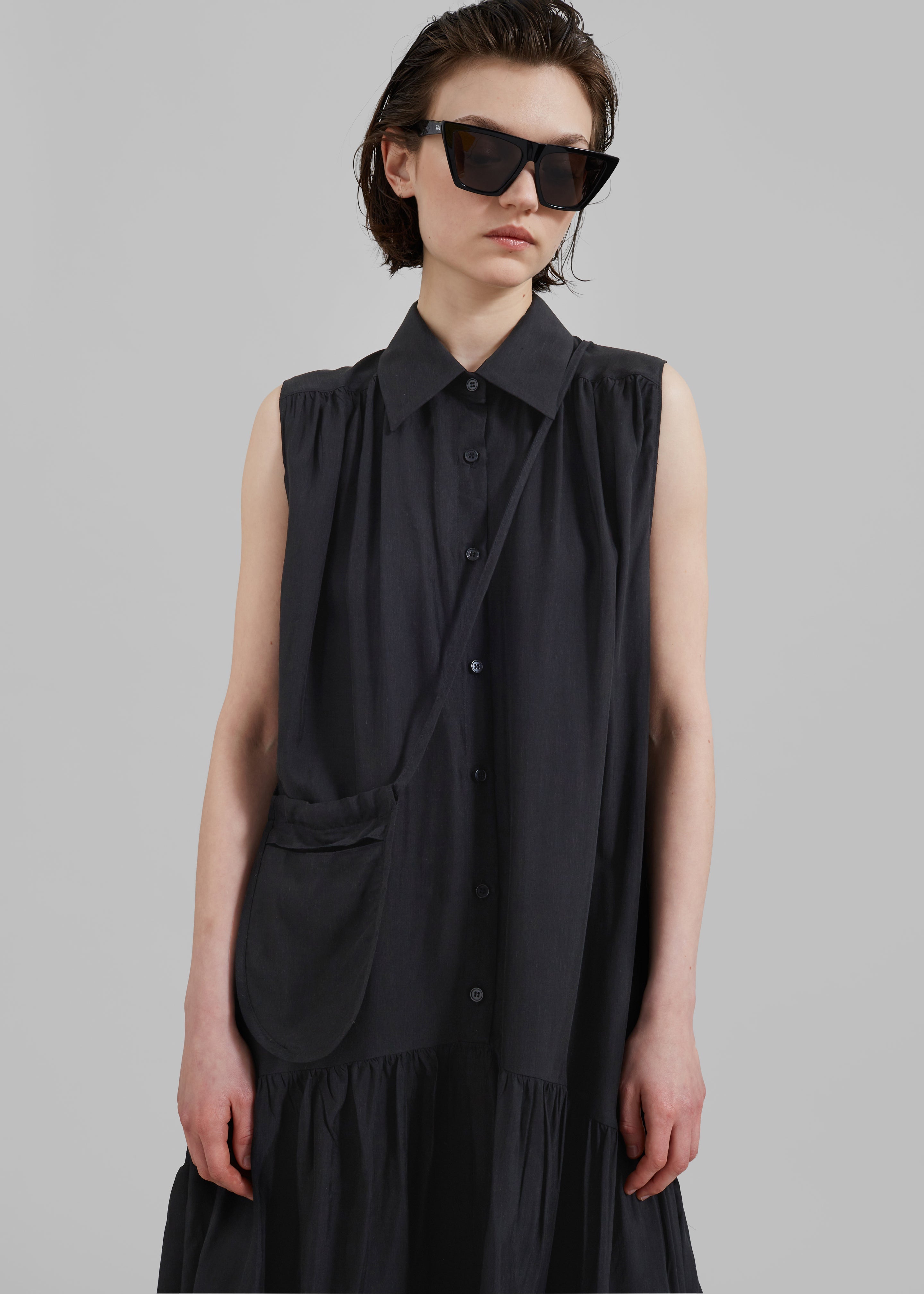 Maela Button Up Midi Dress - Black - 7