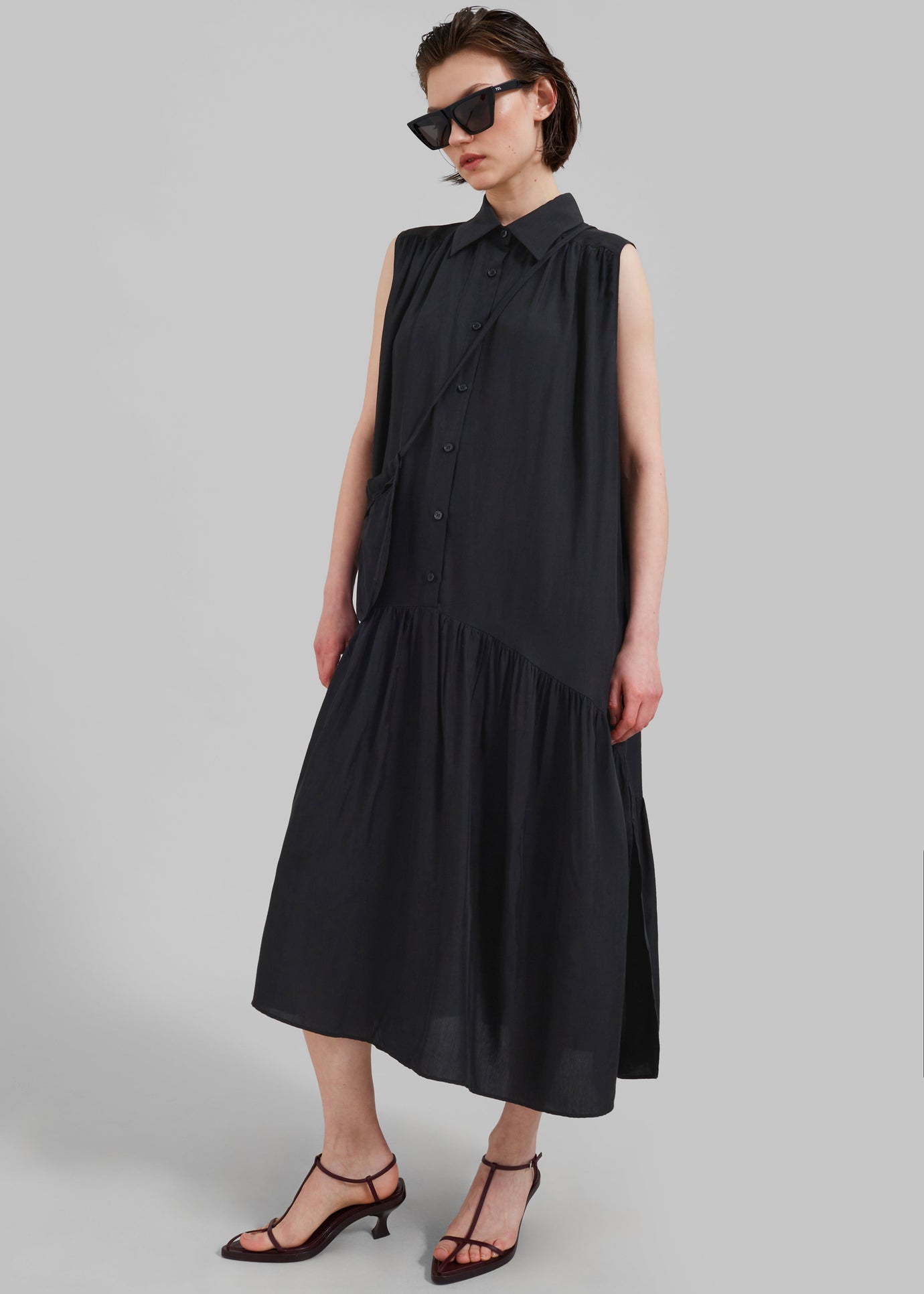Maela Button Up Midi Dress - Black - 1