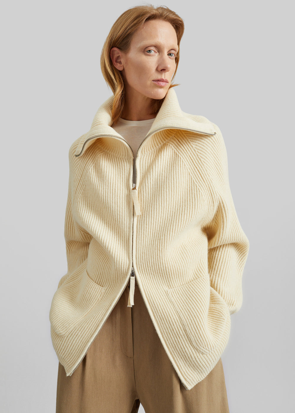 Malabry Knit Zip-Up Cardigan - Pale Yellow - 1