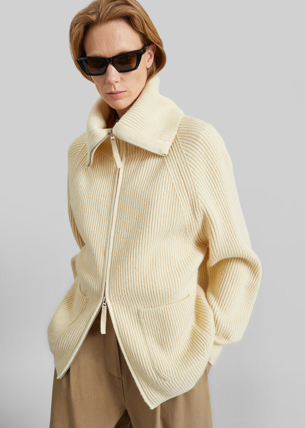 Malabry Knit Zip-Up Cardigan - Pale Yellow
