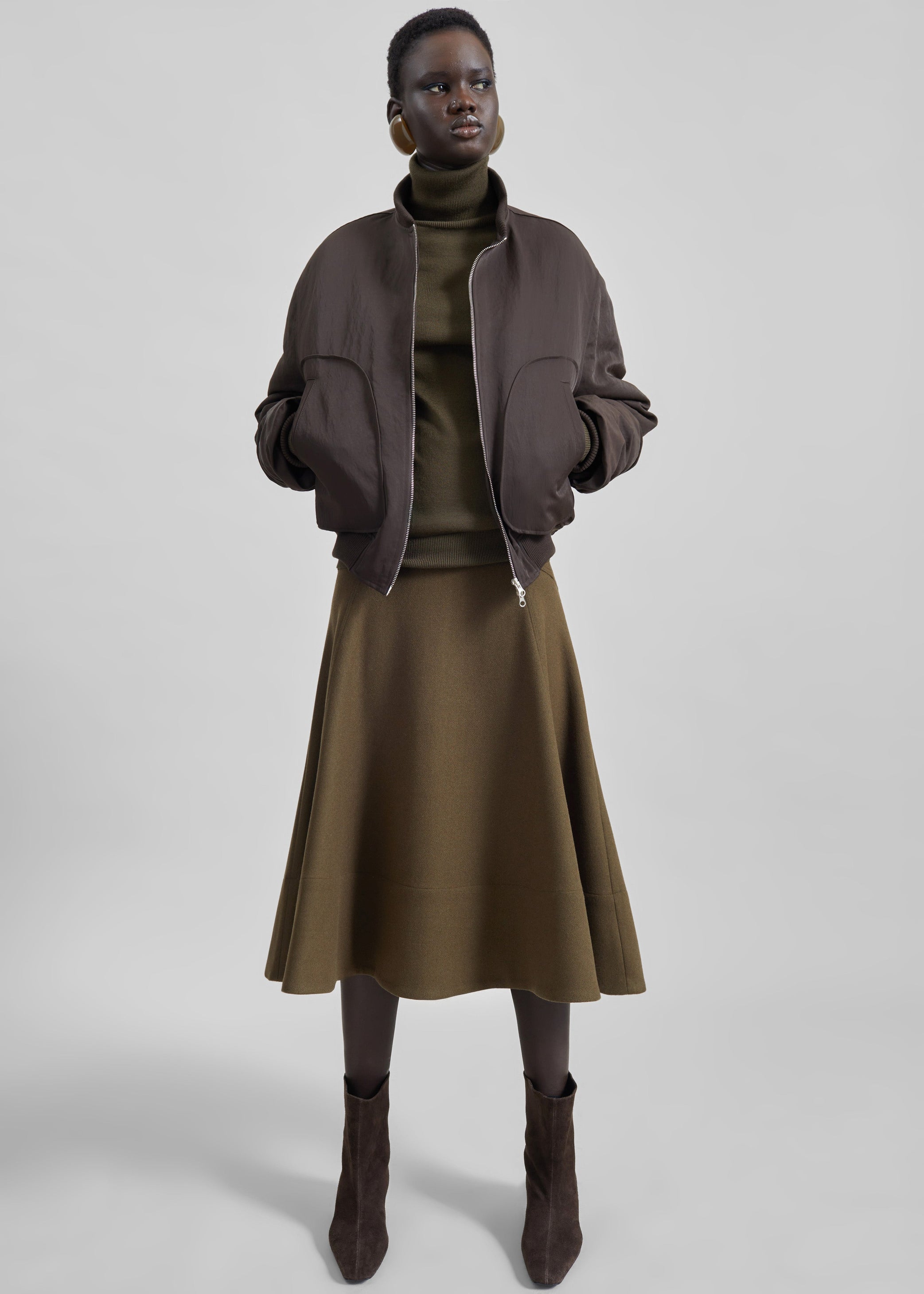 Shop the look image for Manali Flared Midi Skirt - Olive Brown