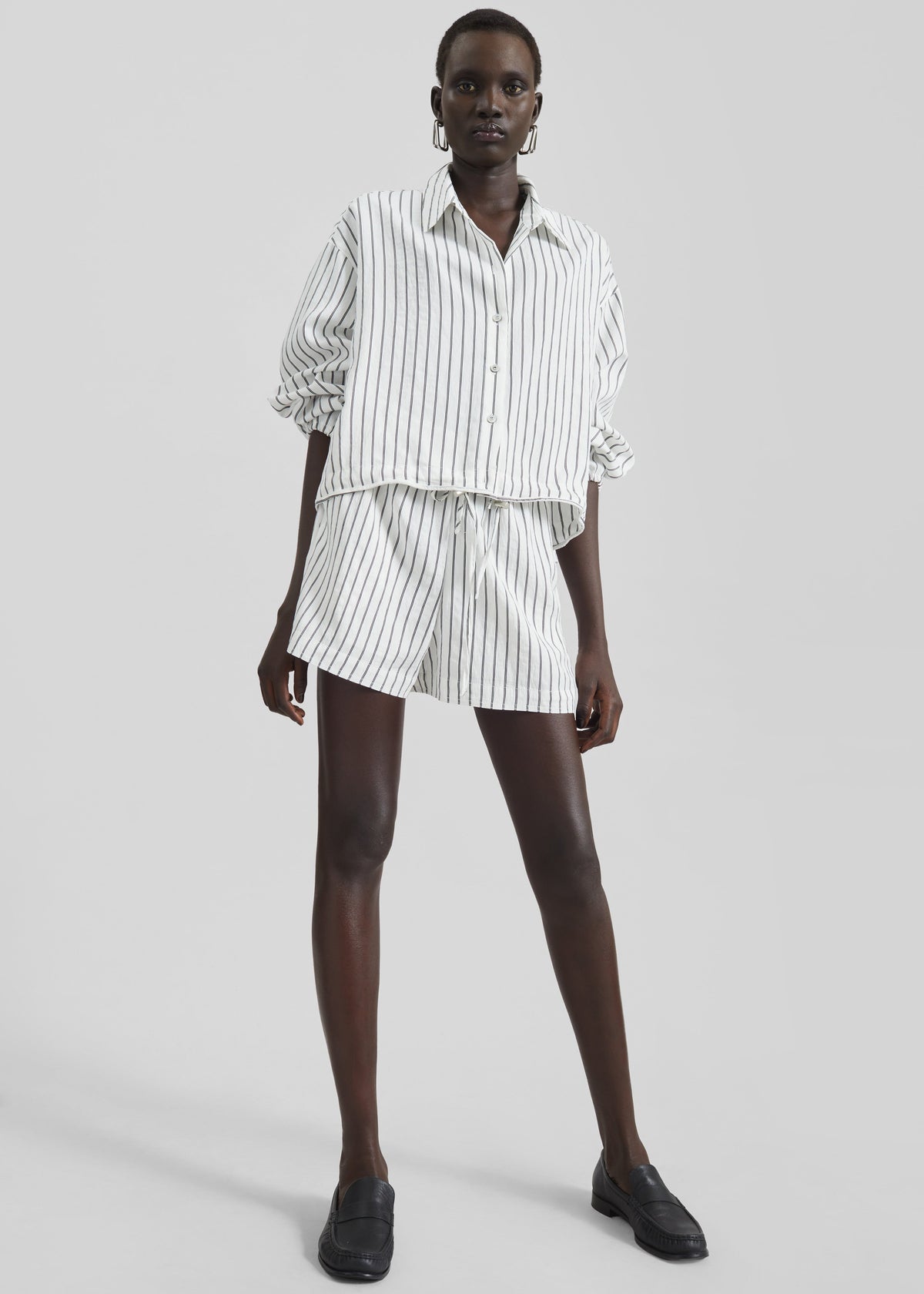 Manisa Cropped Drawstring Shirt - White/Black Stripe - 4