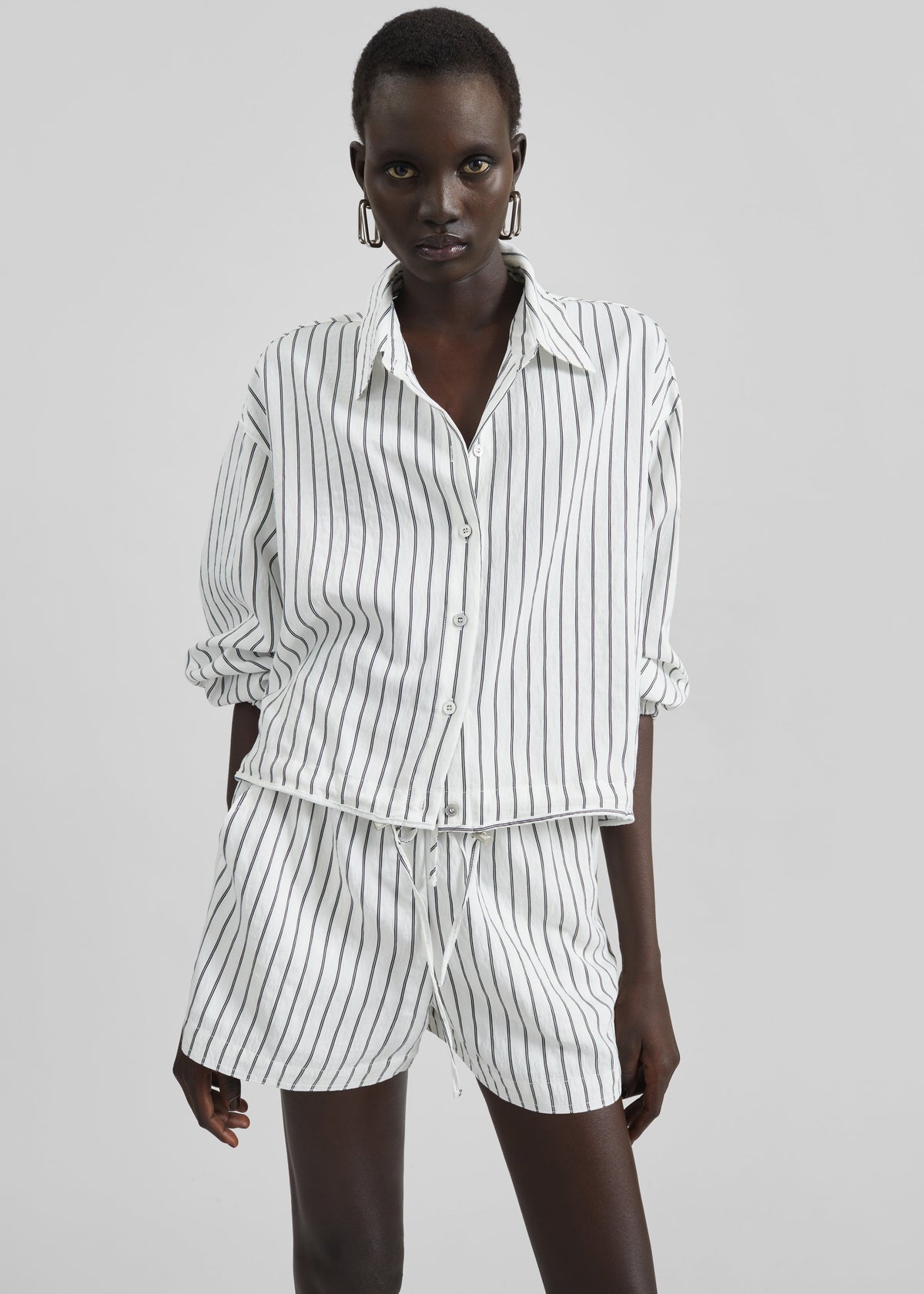 Manisa Cropped Drawstring Shirt - White/Black Stripe - 2