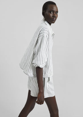Manisa Cropped Drawstring Shirt - White/Black Stripe