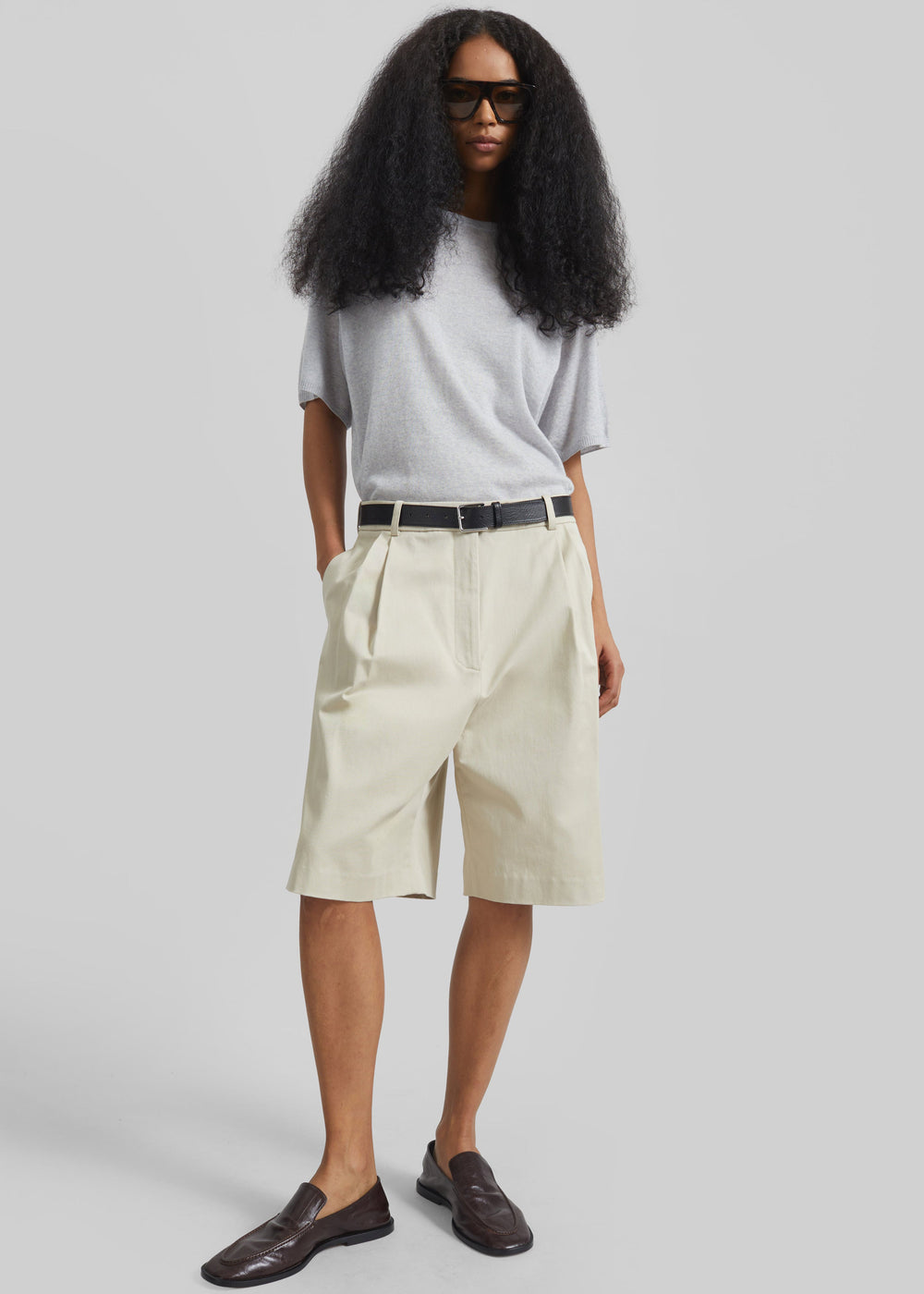 Marfa Cotton Pleated Bermuda - Light Beige