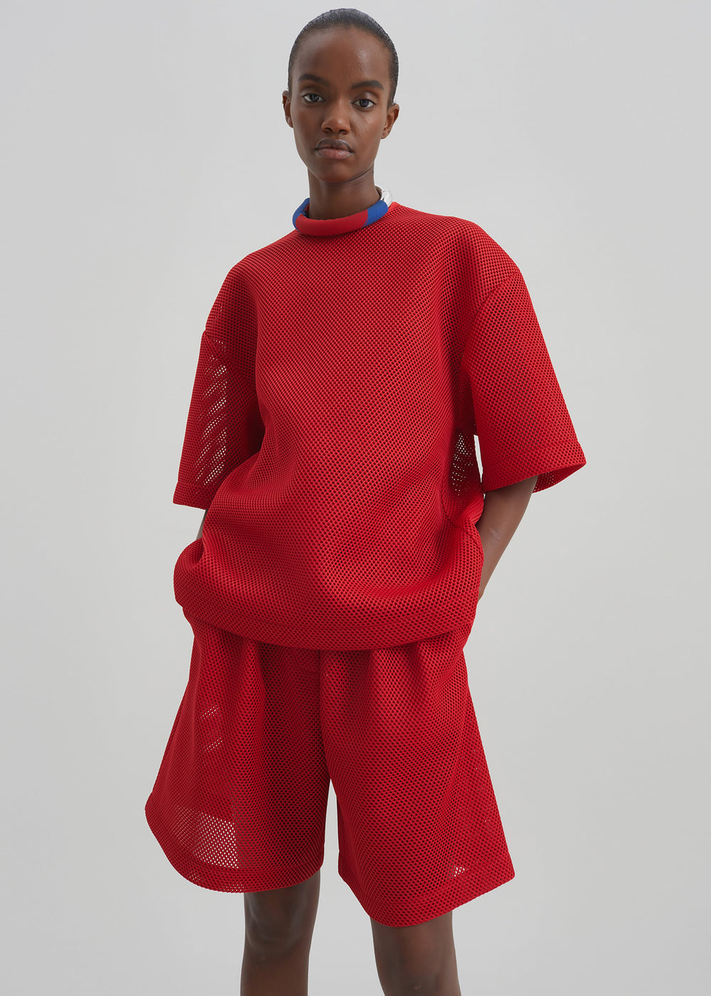 Marfa Mesh Pleated Bermuda Shorts - Red - 1