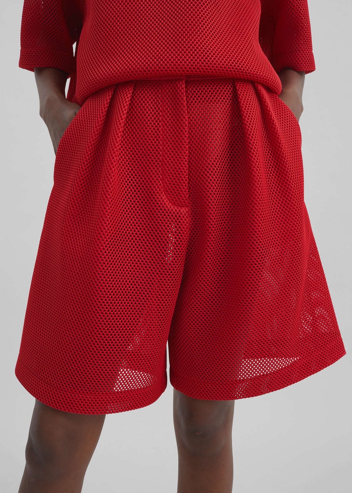 Marfa Mesh Pleated Bermuda Shorts - Red - 3