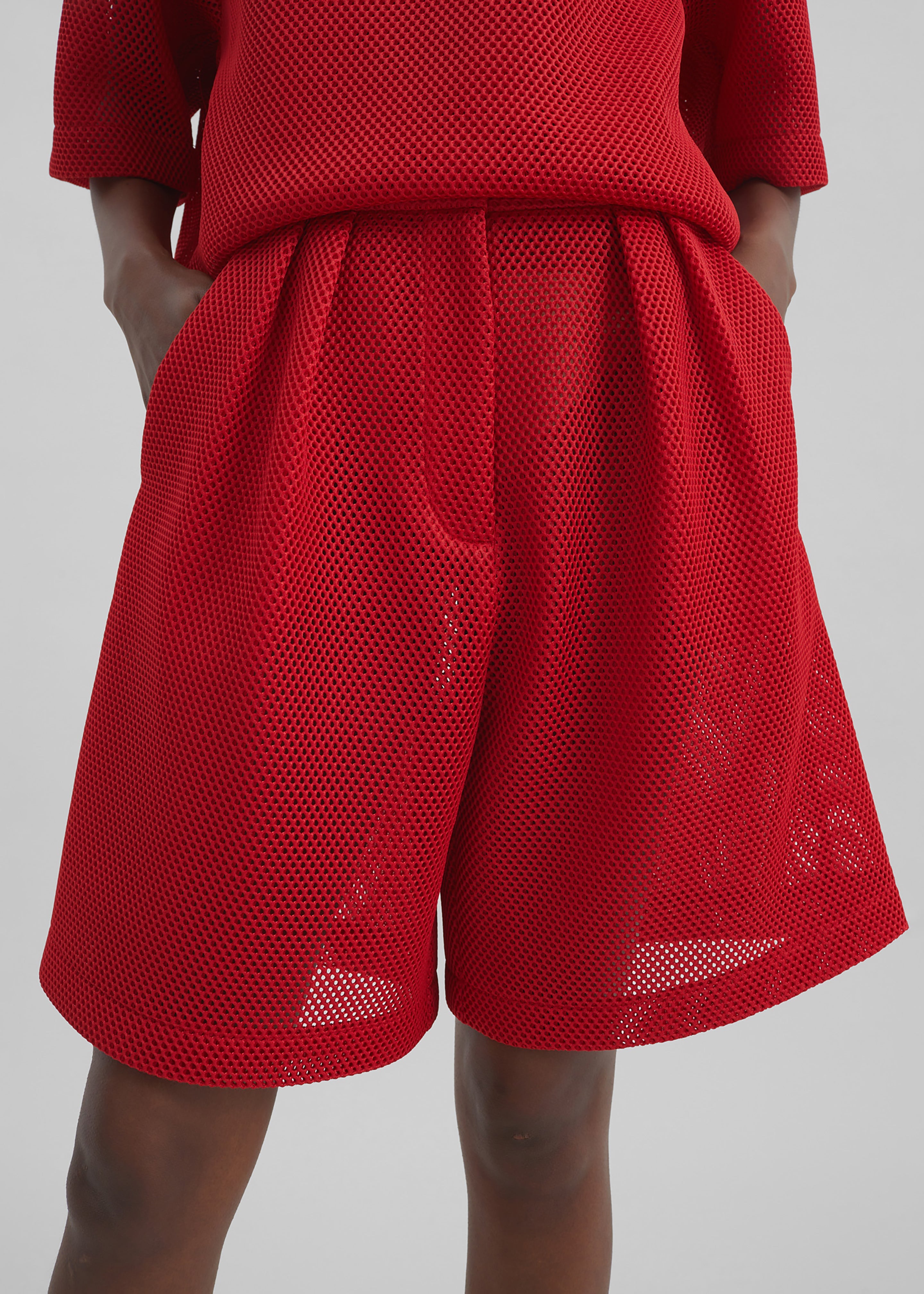 Marfa Mesh Pleated Bermuda Shorts - Red - 3