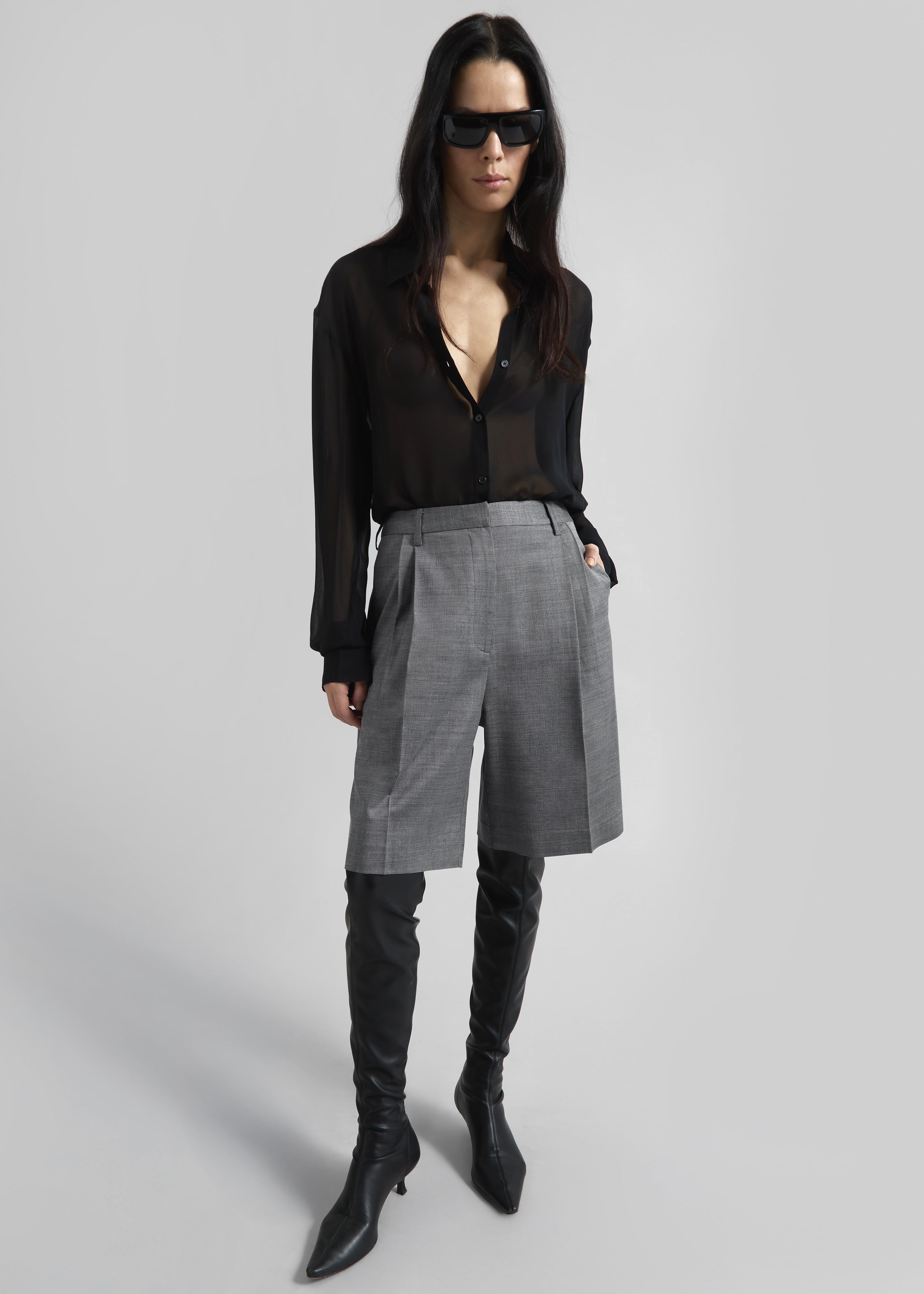 Marfa Pleated Bermuda Shorts - Grey Melange - 6