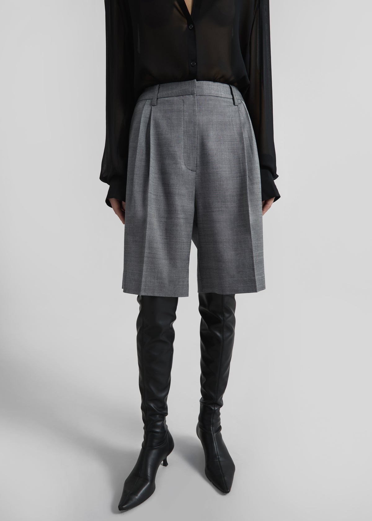 Marfa Pleated Bermuda Shorts - Grey Melange - 7