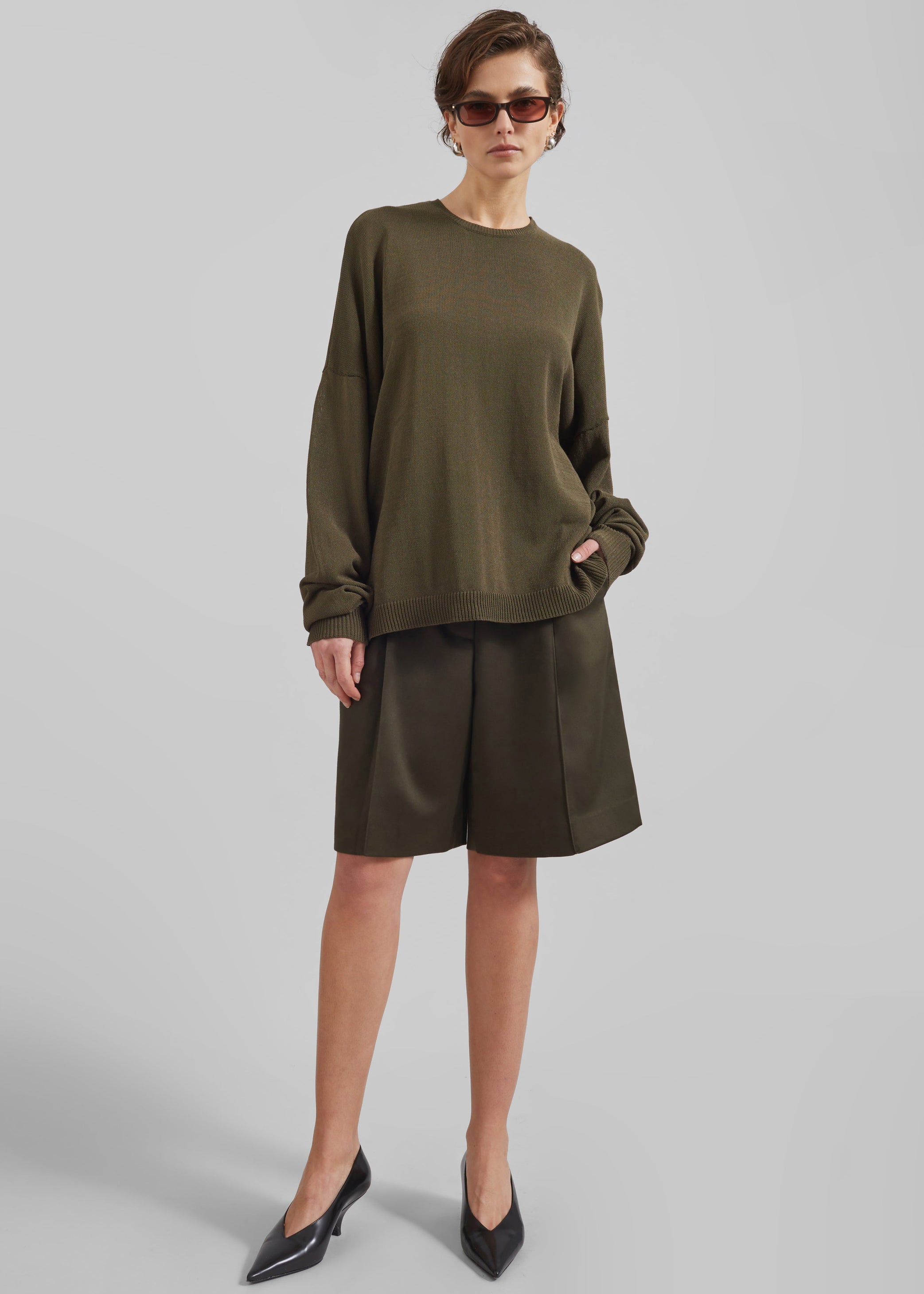 Shop the look image for Marfa Pleated Bermuda Shorts - Khaki