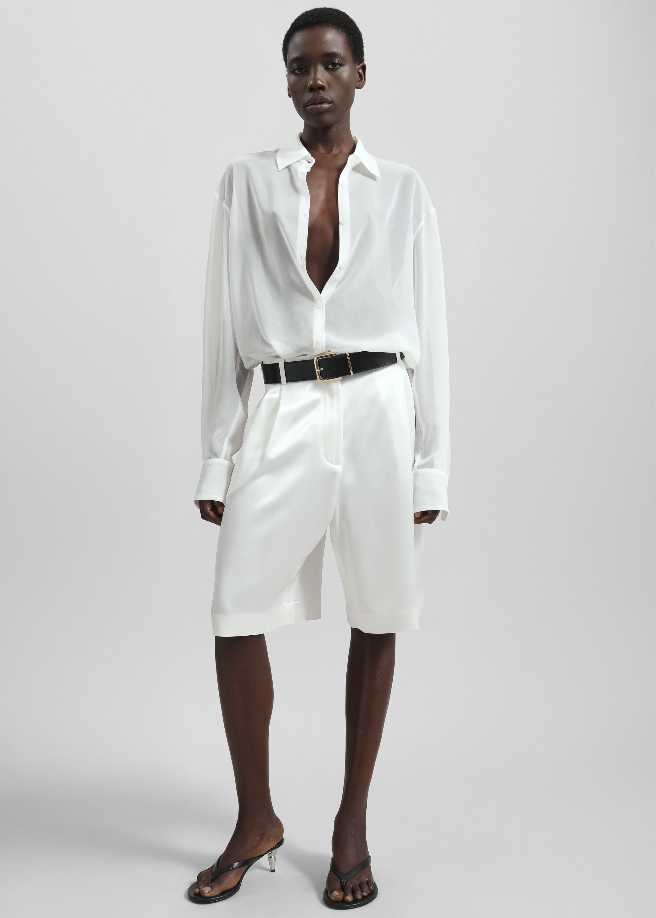 Shop the look image for Marfa Pleated Satin Bermuda Shorts - White