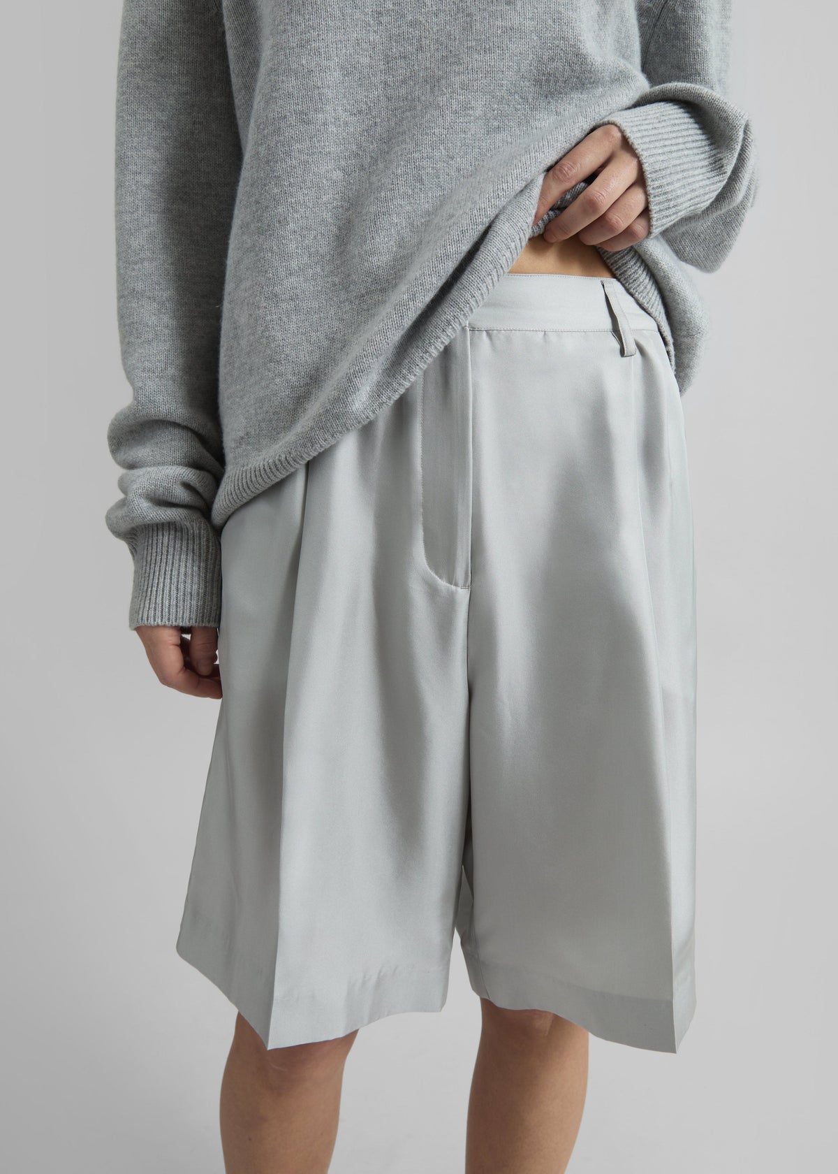 Marfa Pleated Silk Bermuda Shorts - Grey - 2