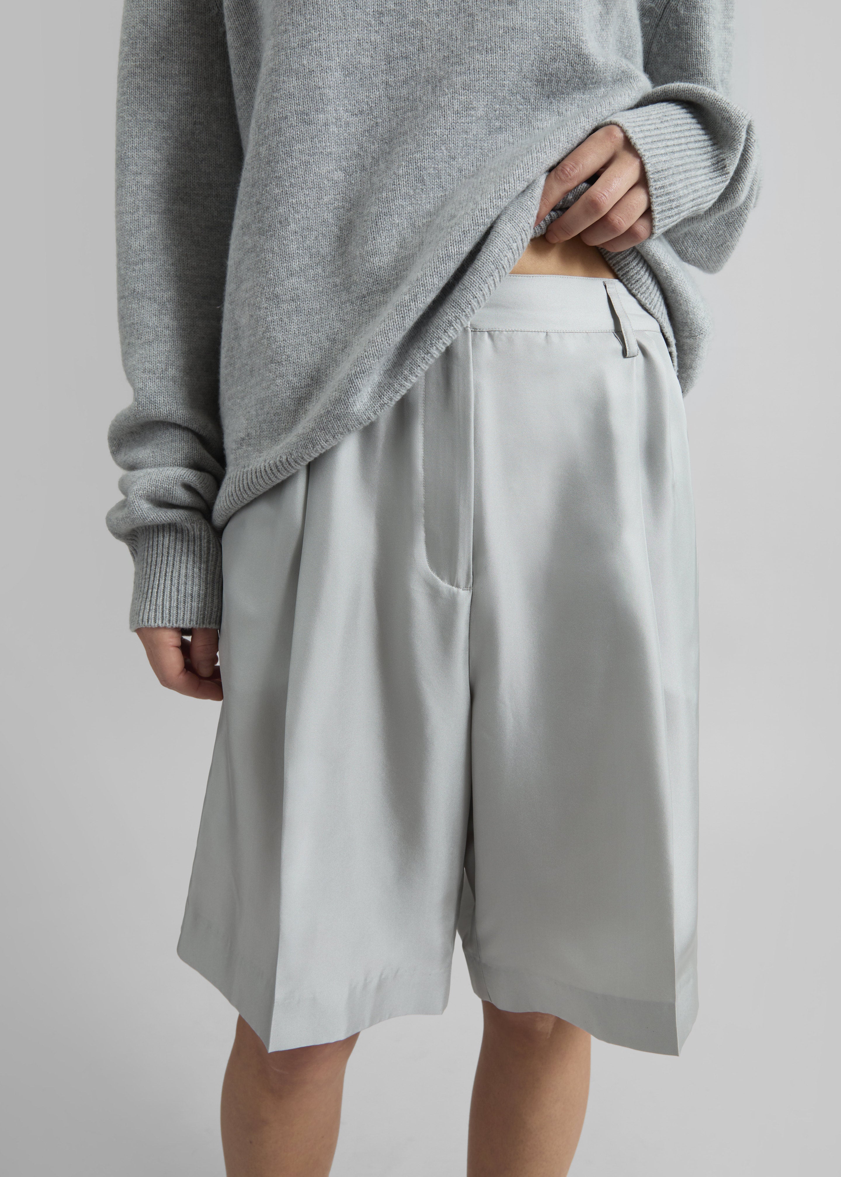 Marfa Pleated Silk Bermuda Shorts - Grey - 2